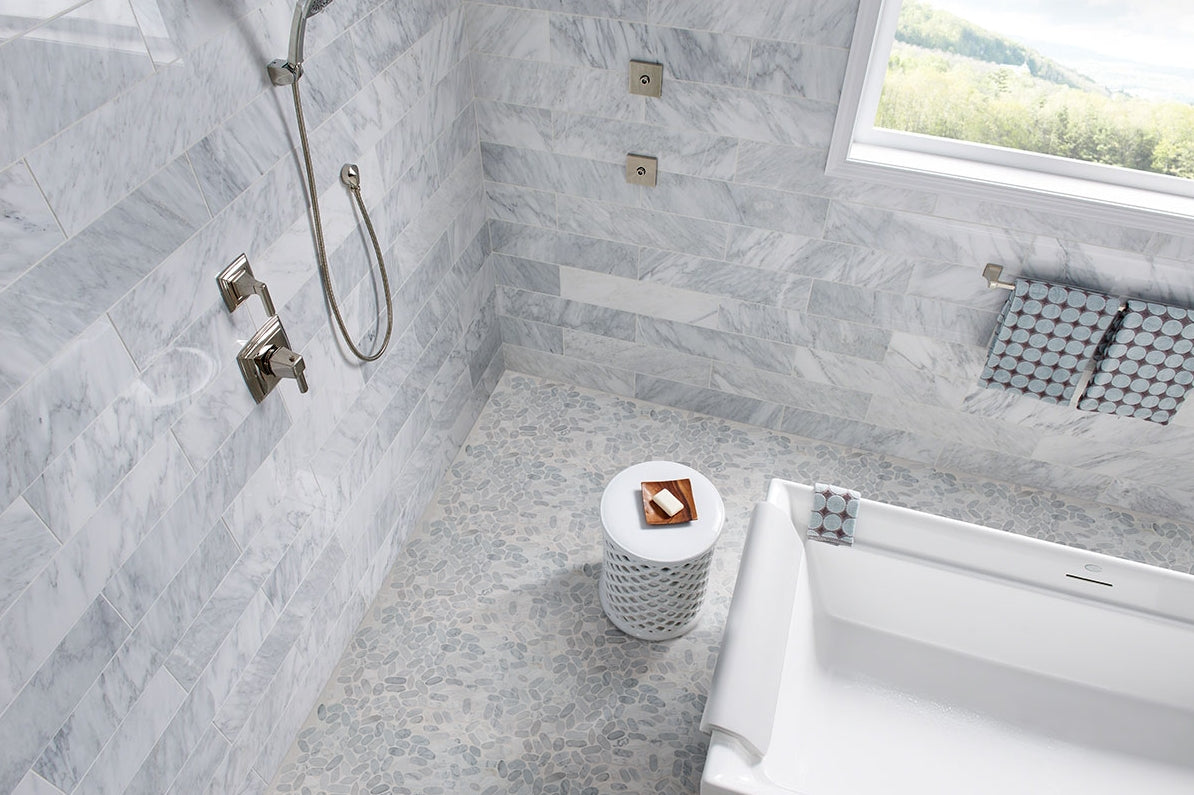 Sliced Carrara White Pebbles Mosaic