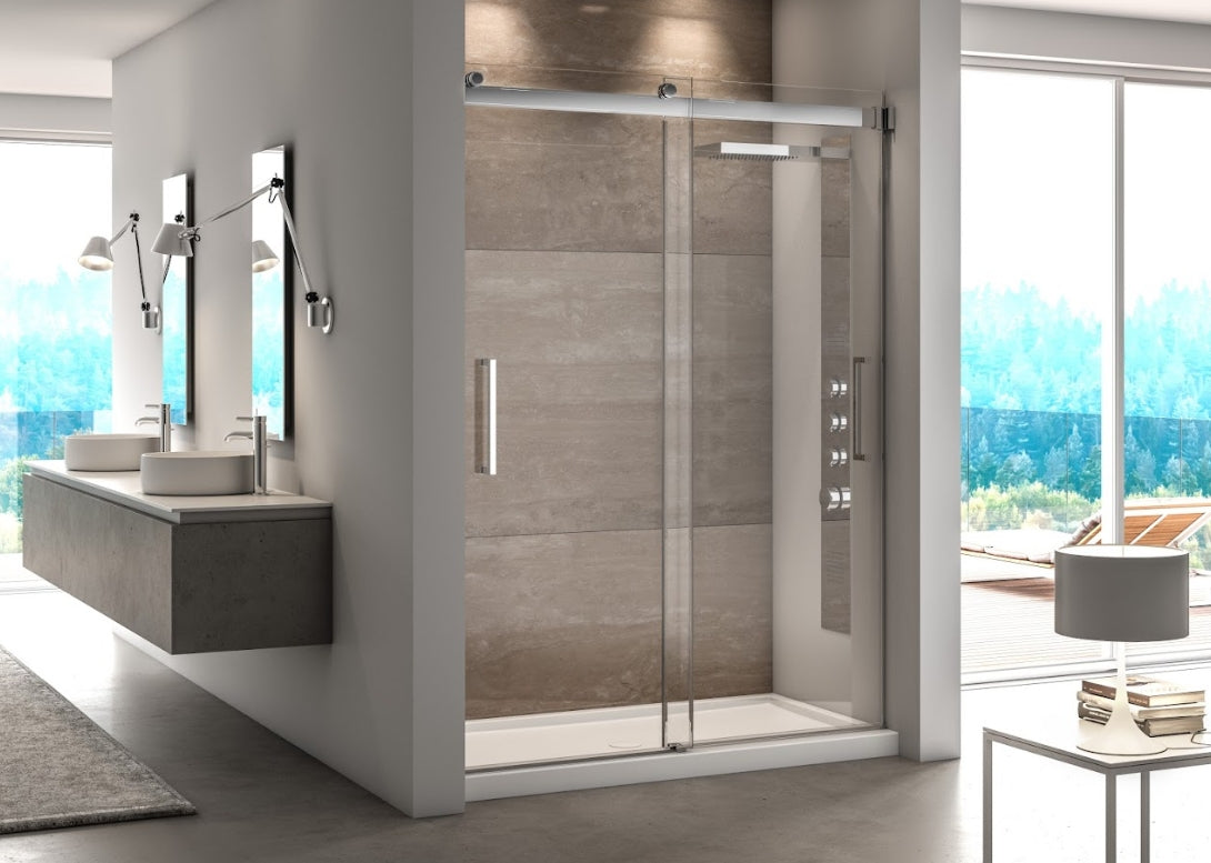 Fleurco NMZ Mercury In-Line Bypass Shower Door – EZ Clean, Anti-Jump Rollers