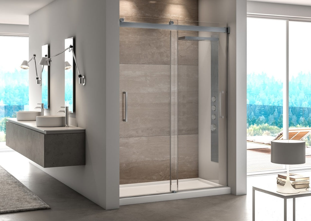 Fleurco NMZ Mercury In-Line Bypass Shower Door – EZ Clean, Anti-Jump Rollers