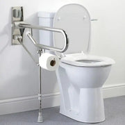 Brushed fold-up grab bar with support leg.