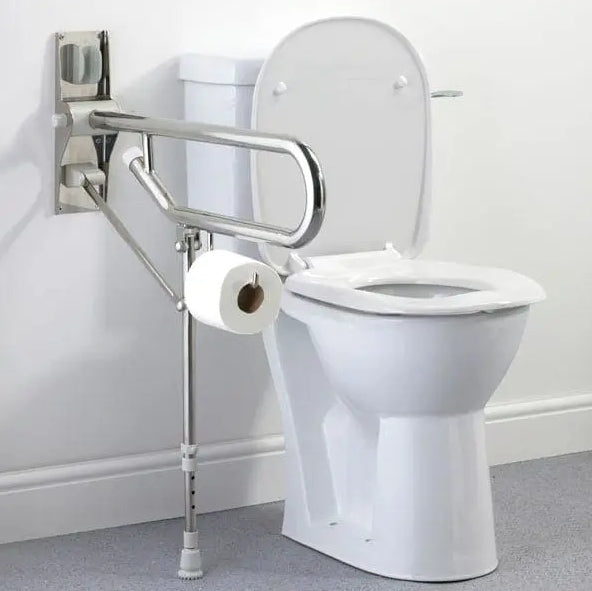 Brushed fold-up grab bar with support leg.