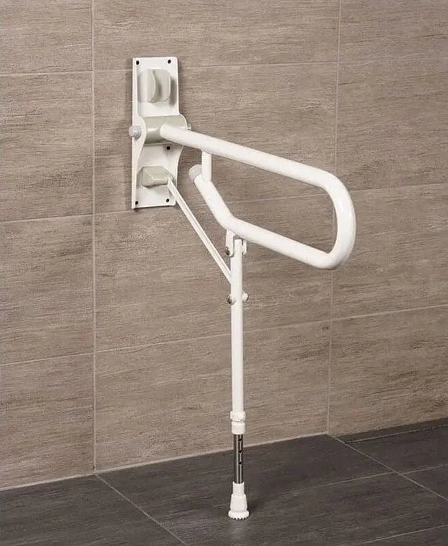 White fold-up grab bar with support leg.