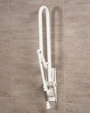 White fold-up grab bar with support leg.