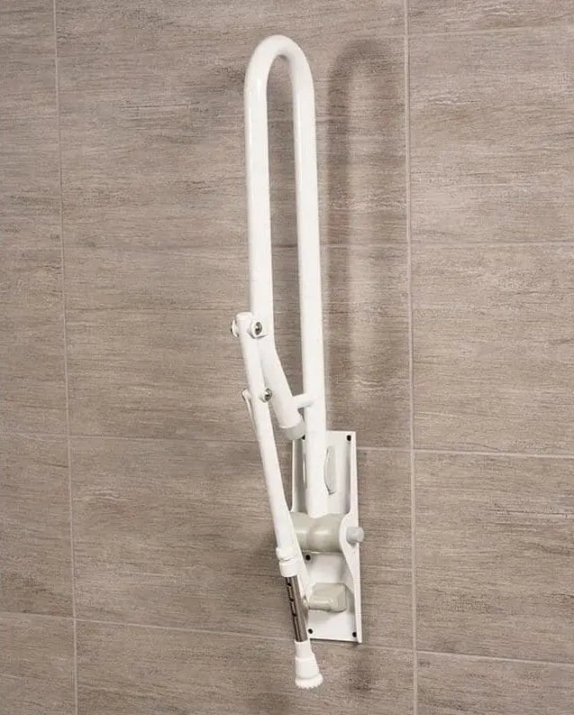 White fold-up grab bar with support leg.