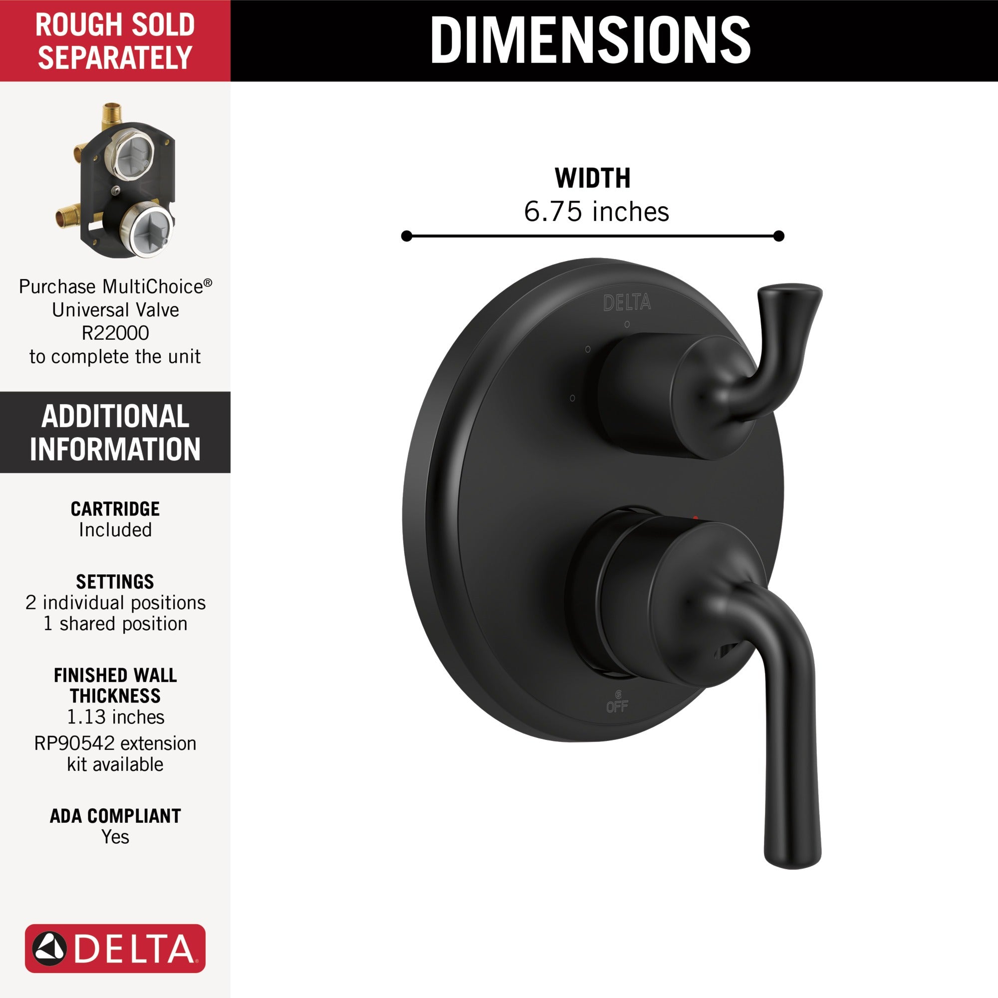 Delta Kayra® Two-Handle Monitor® 14 Series Valve Trim with 3-Setting Integrated Diverter