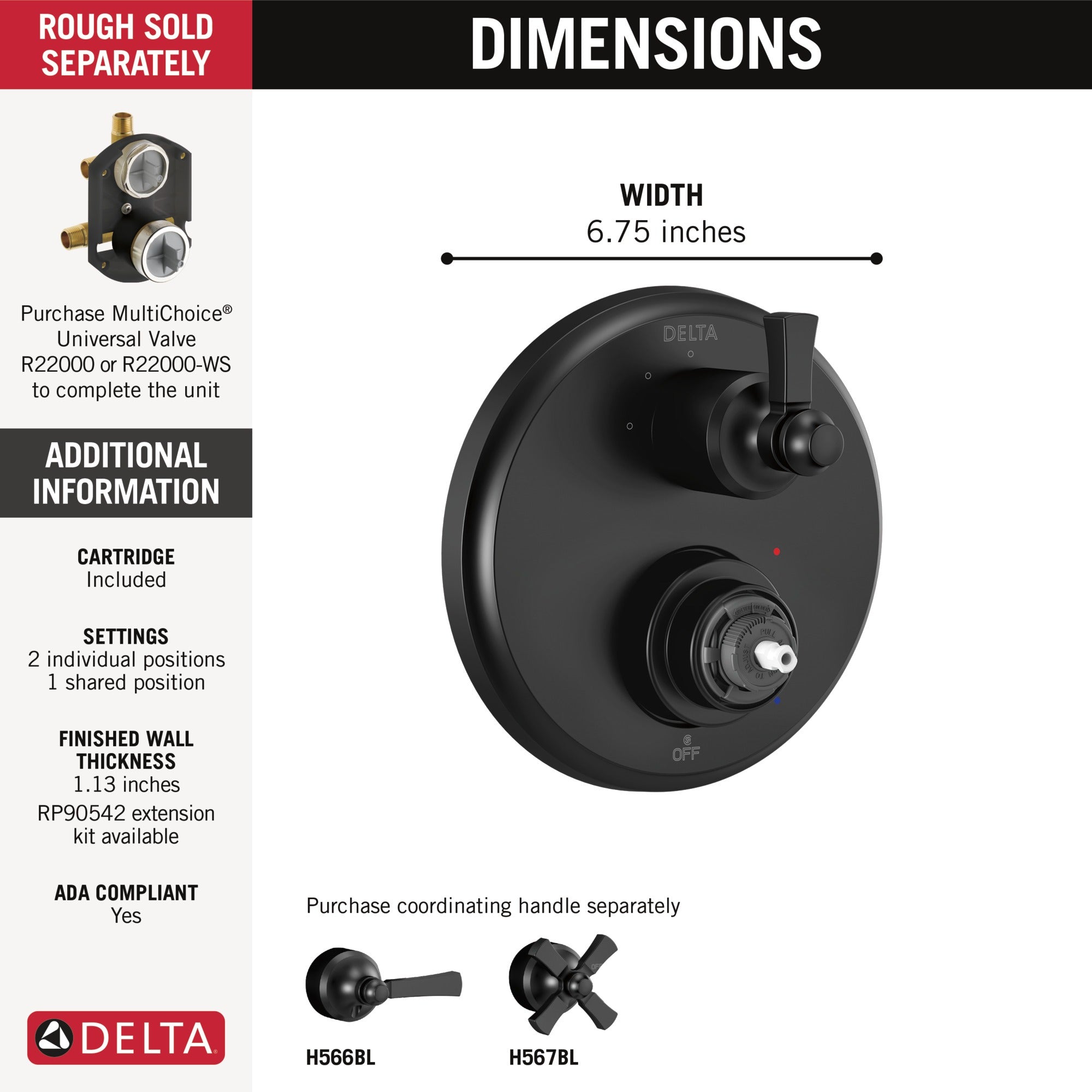 Delta Dorval™ Traditional 2-Handle Monitor 14 Series Valve Trim with 3 Setting Diverter
