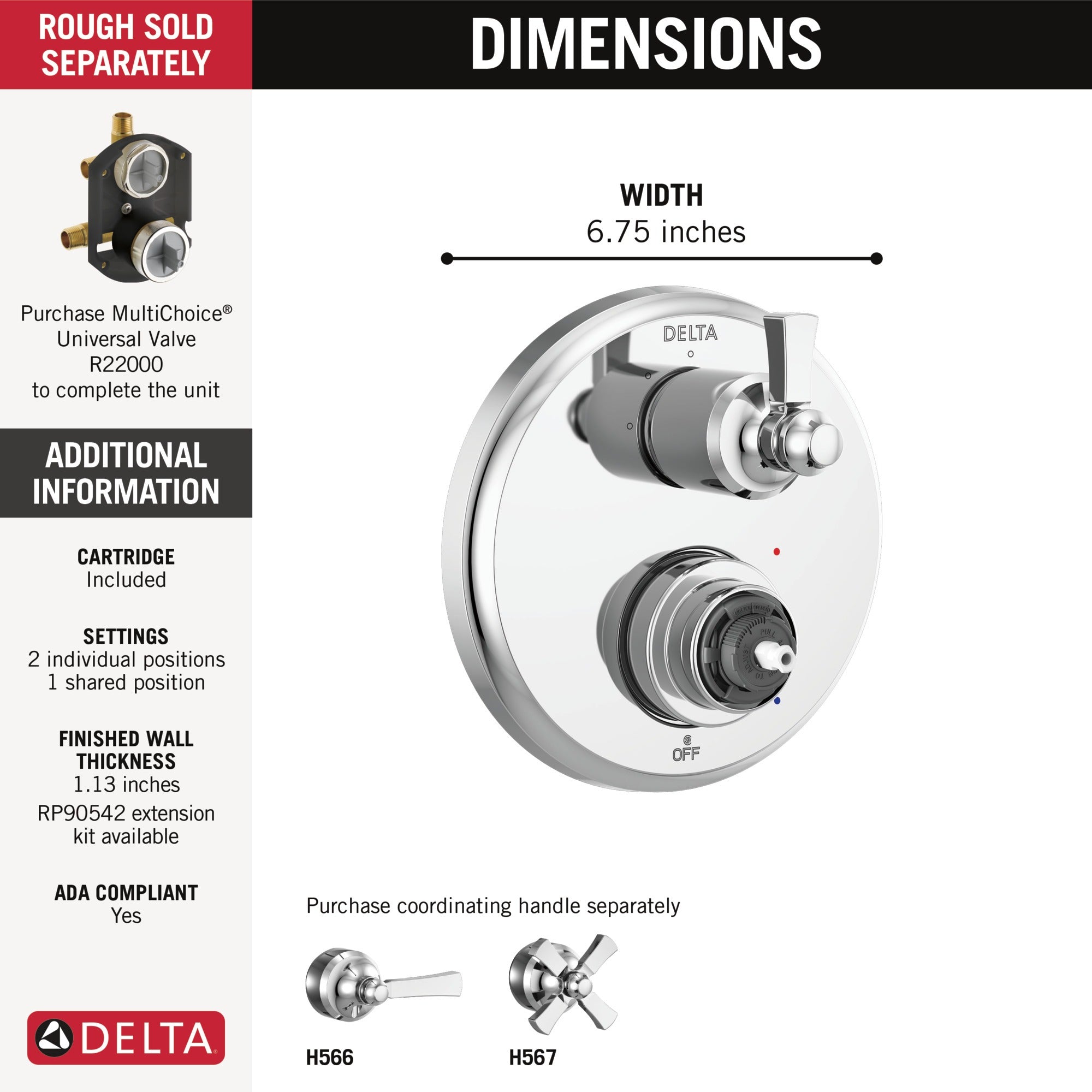 Delta Dorval™ Traditional 2-Handle Monitor 14 Series Valve Trim with 3 Setting Diverter