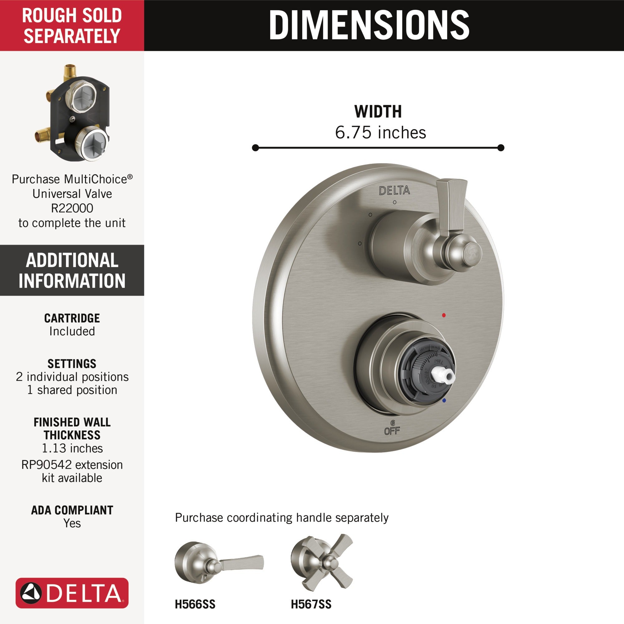 Delta Dorval™ Traditional 2-Handle Monitor 14 Series Valve Trim with 3 Setting Diverter