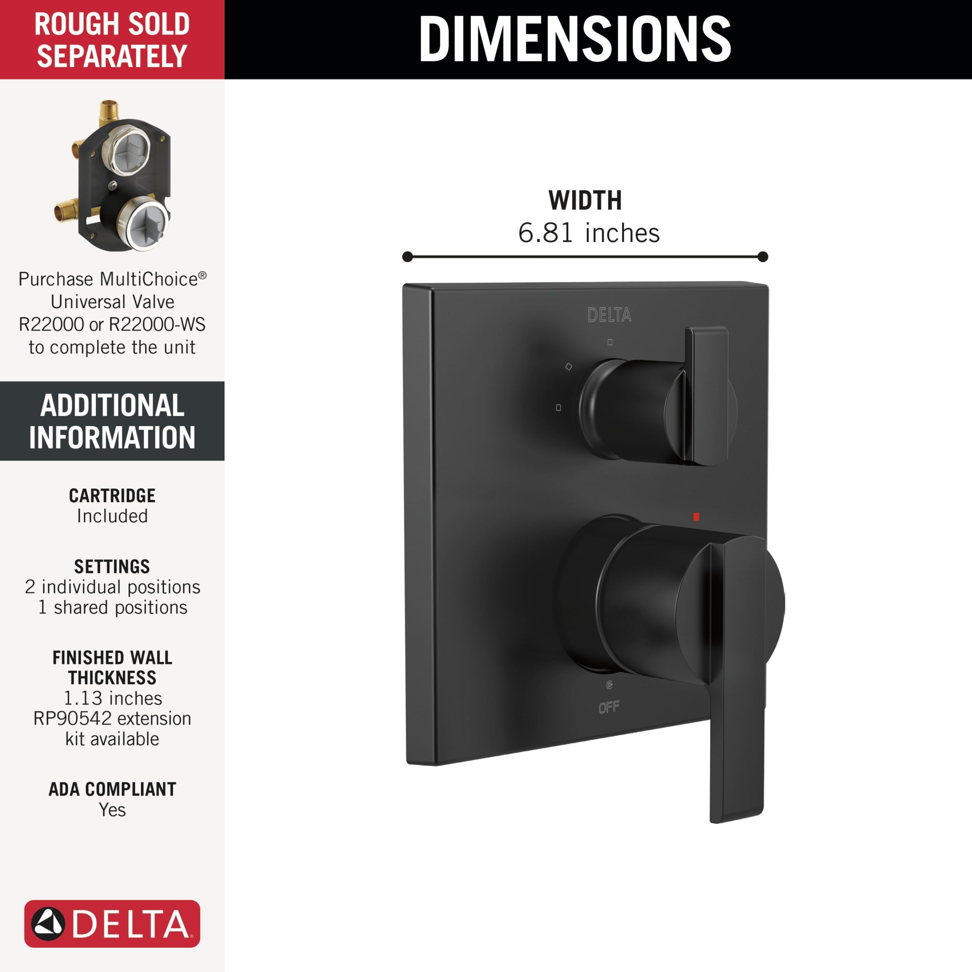 Delta Ara® Angular Modern Monitor® 14 Series Valve Trim with 3-Setting Integrated Diverter