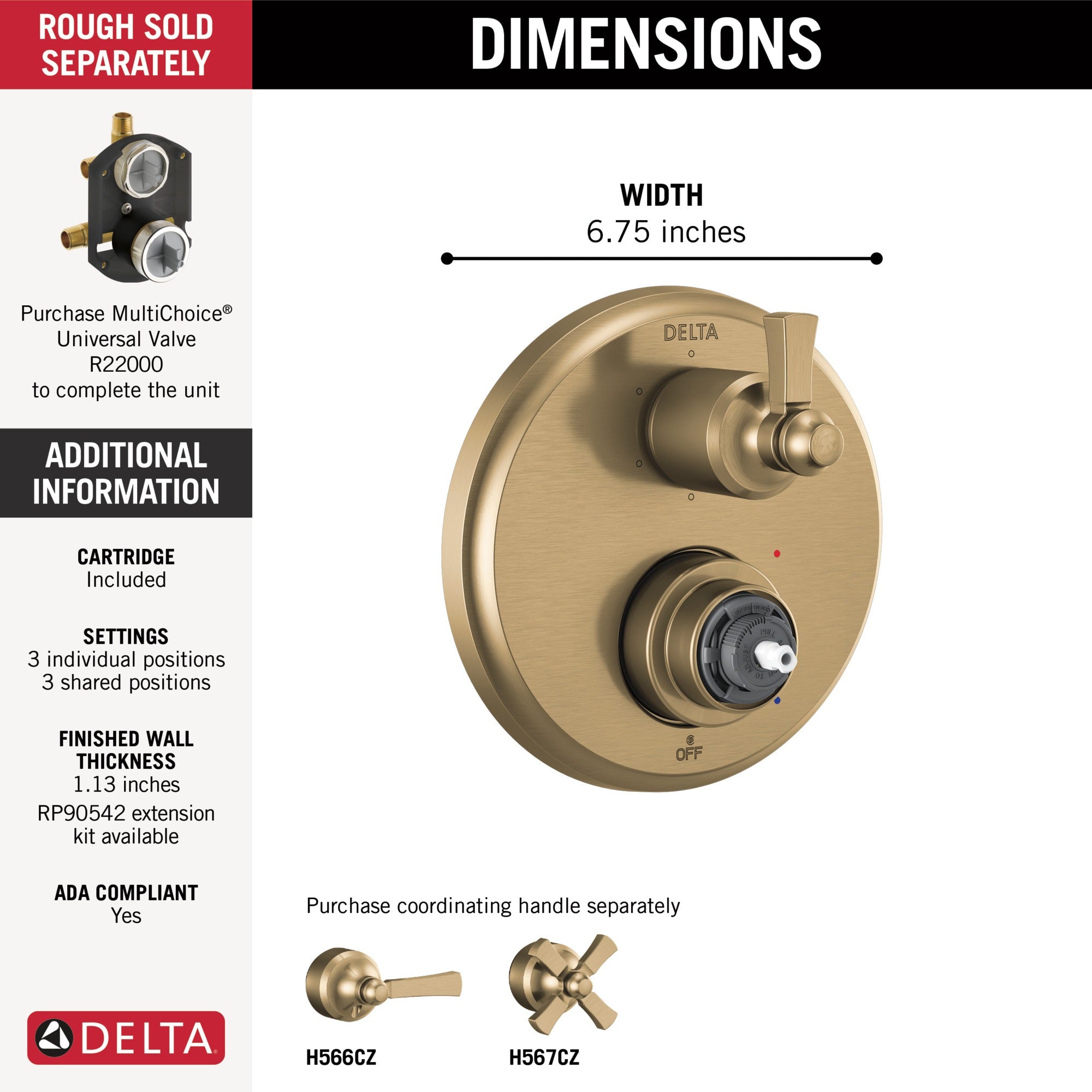 Delta Dorval™ Traditional 2-Handle Monitor 14 Series Valve Trim with 6 Setting Diverter