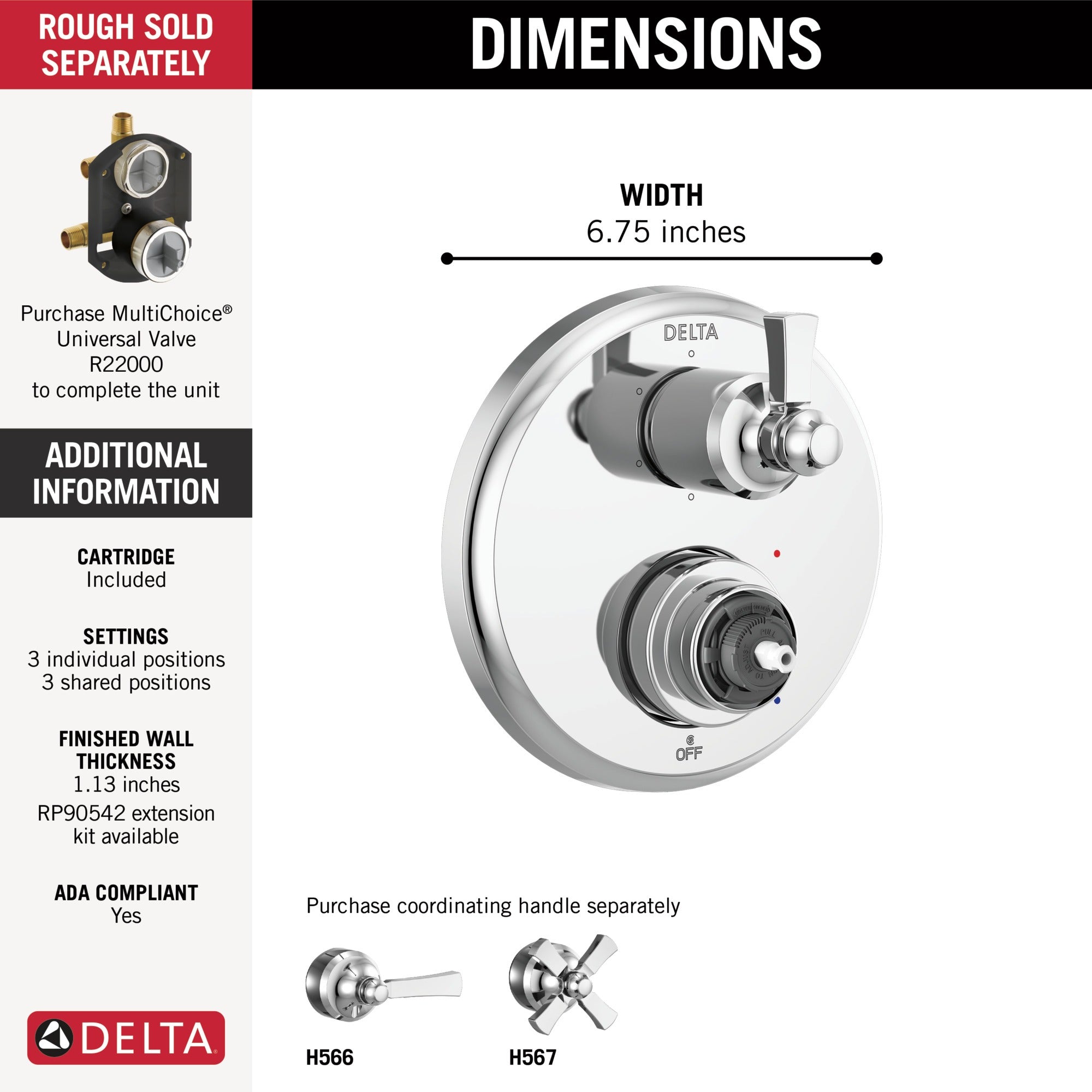 Delta Dorval™ Traditional 2-Handle Monitor 14 Series Valve Trim with 6 Setting Diverter