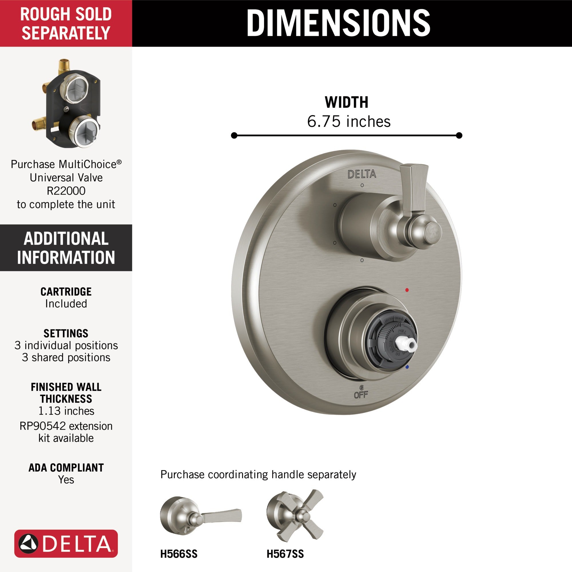 Delta Dorval™ Traditional 2-Handle Monitor 14 Series Valve Trim with 6 Setting Diverter