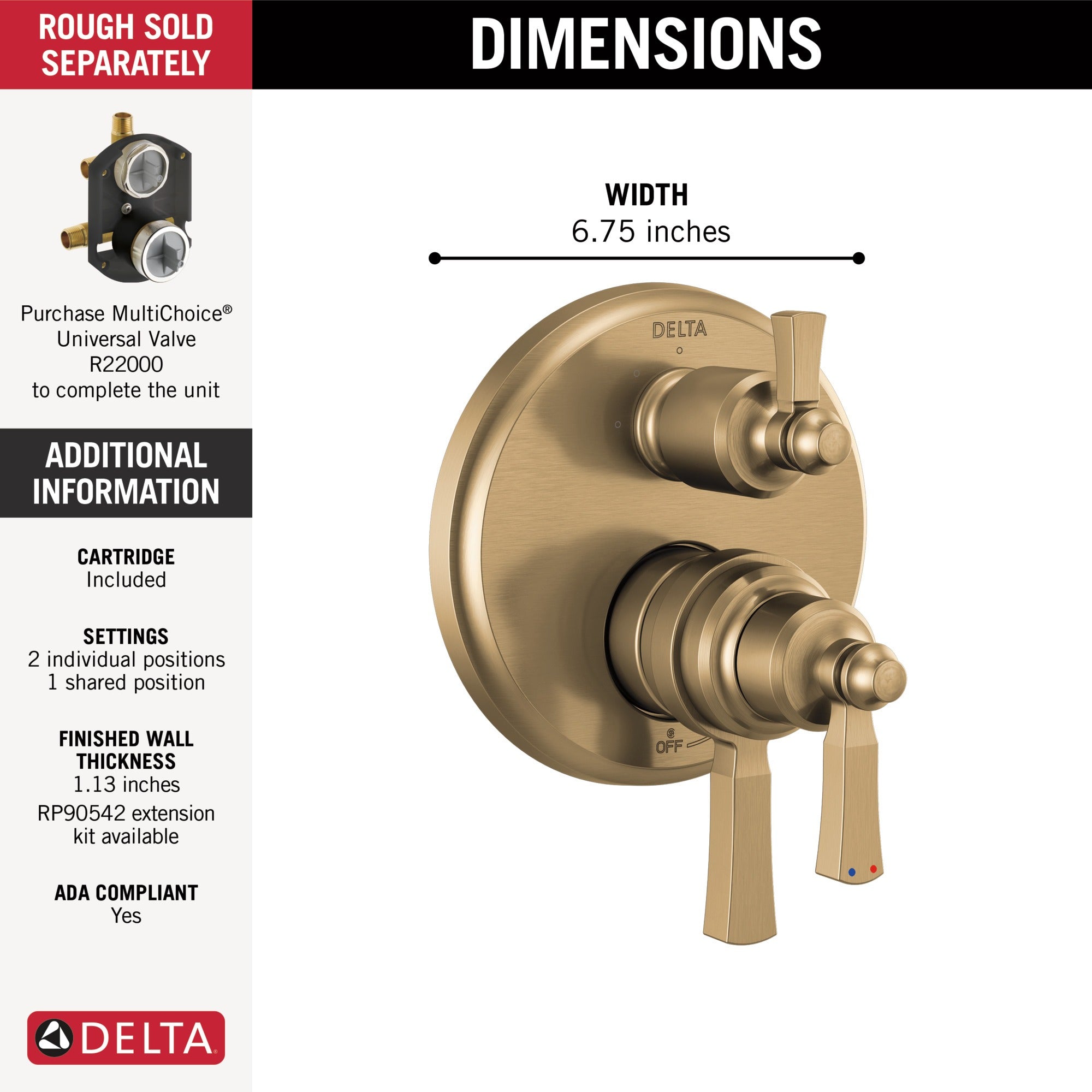 Delta Dorval™ Traditional 2-Handle Monitor 17 Series Valve Trim with 3 Setting Diverter