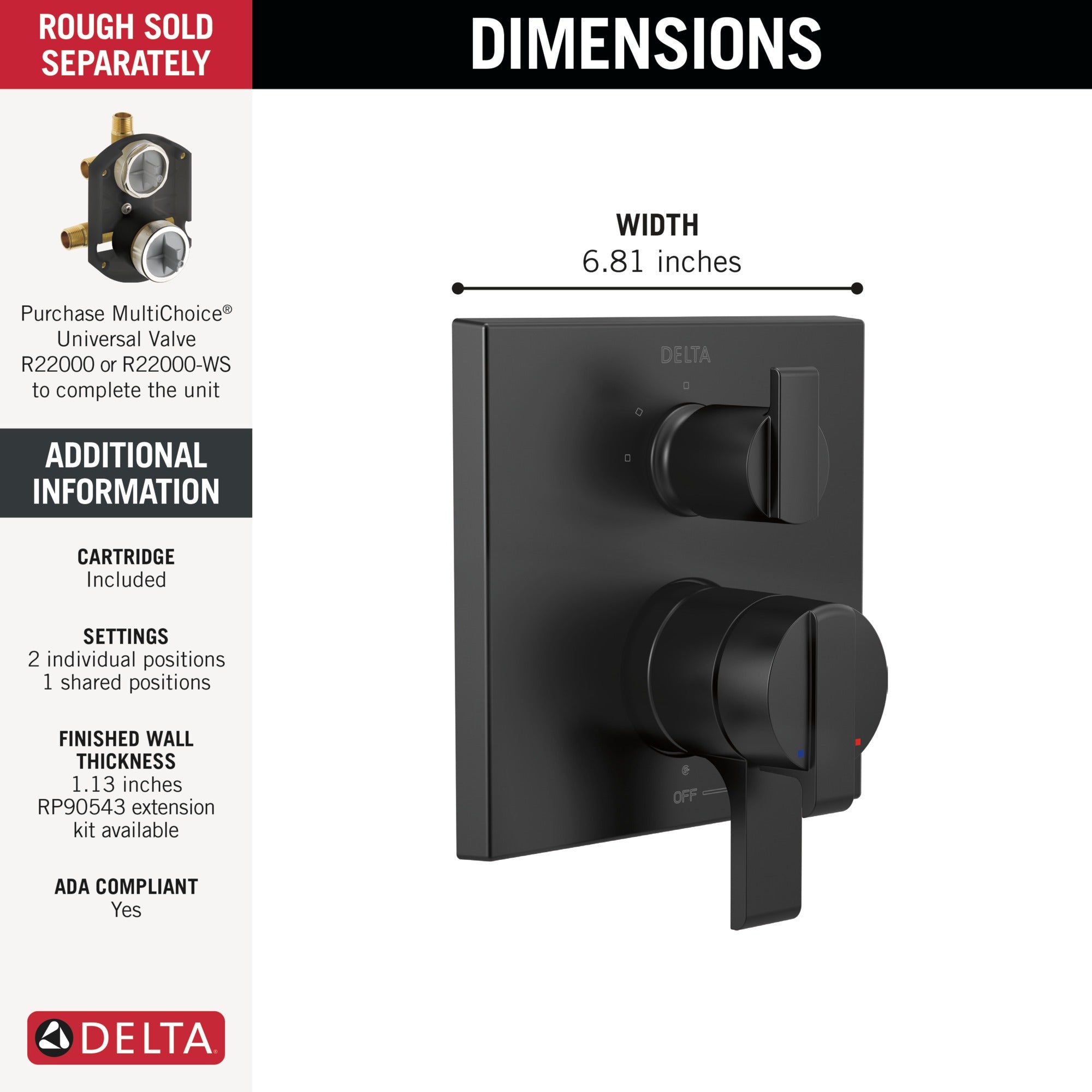 Delta Ara® Angular Modern Monitor® 17 Series Valve Trim with 3-Setting Integrated Diverter