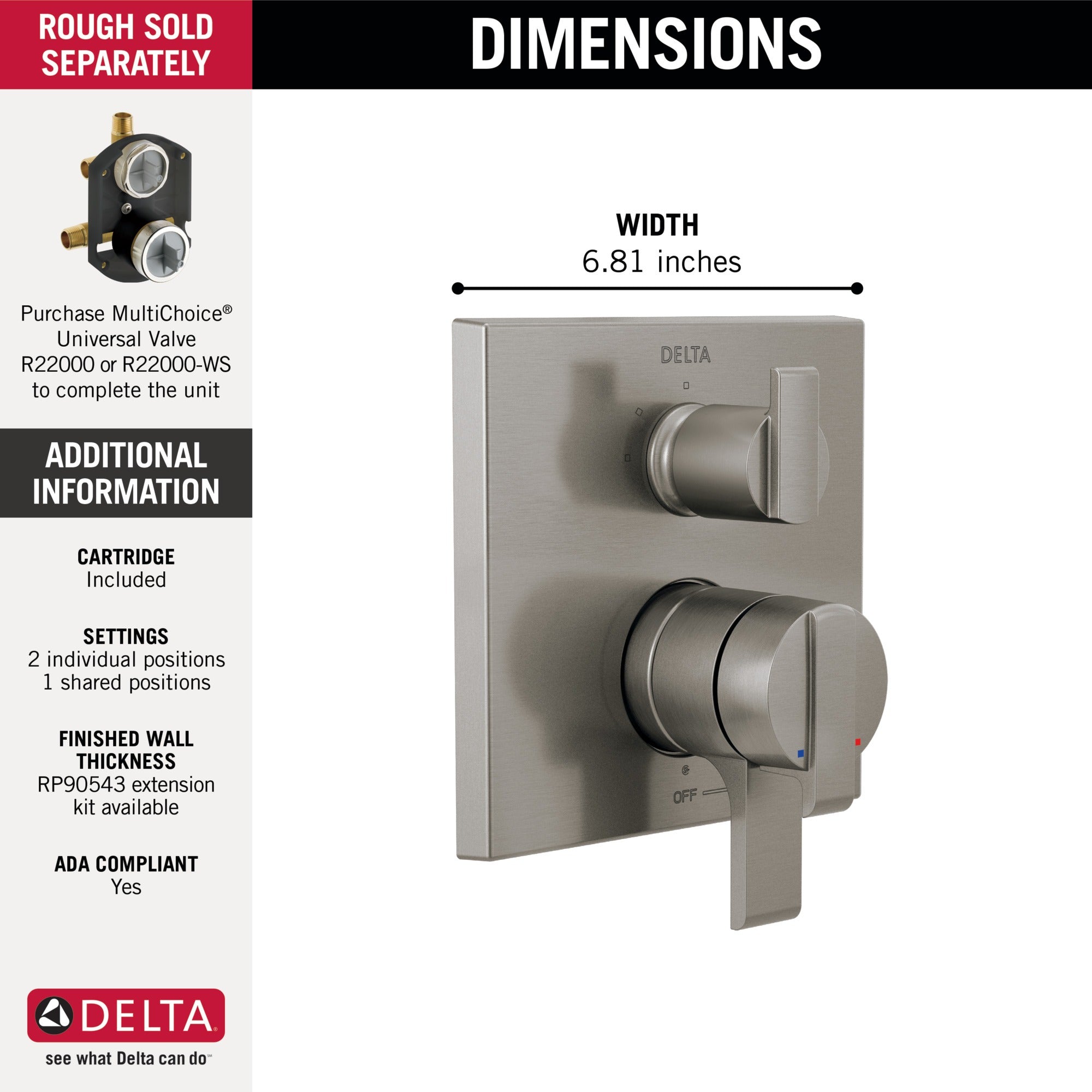 Delta Ara® Angular Modern Monitor® 17 Series Valve Trim with 3-Setting Integrated Diverter