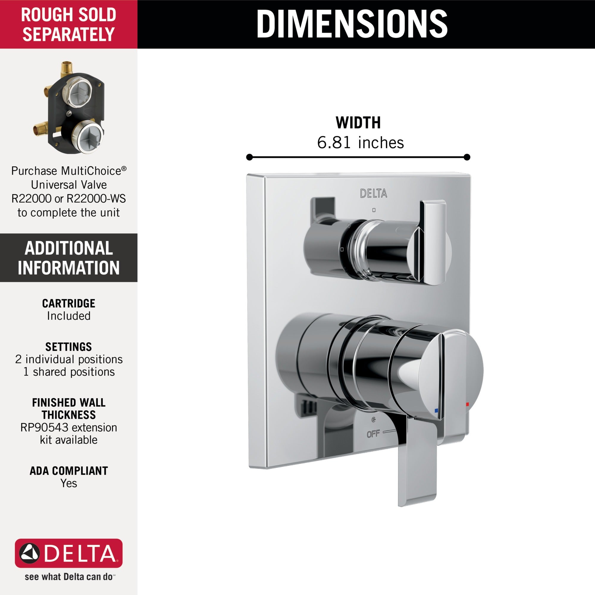 Delta Ara® Angular Modern Monitor® 17 Series Valve Trim with 3-Setting Integrated Diverter