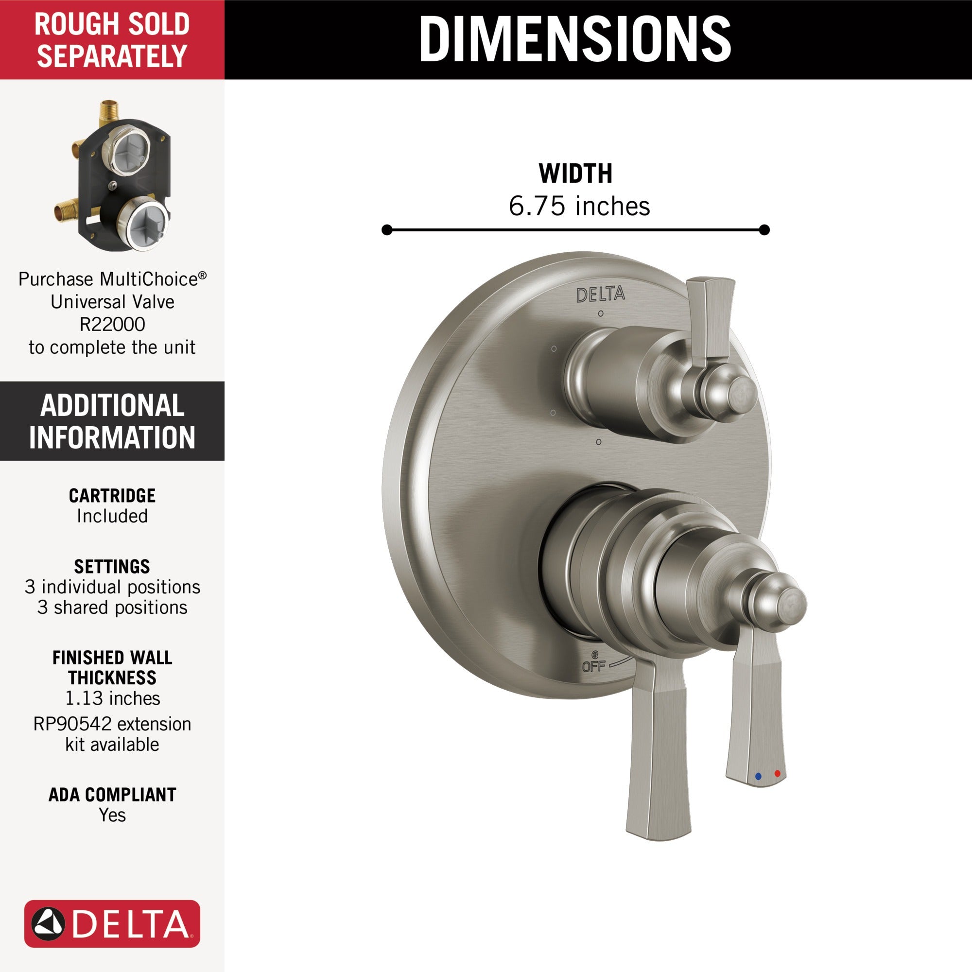 Delta Dorval™ Traditional 2-Handle Monitor 17 Series Valve Trim with 6 Setting Diverter