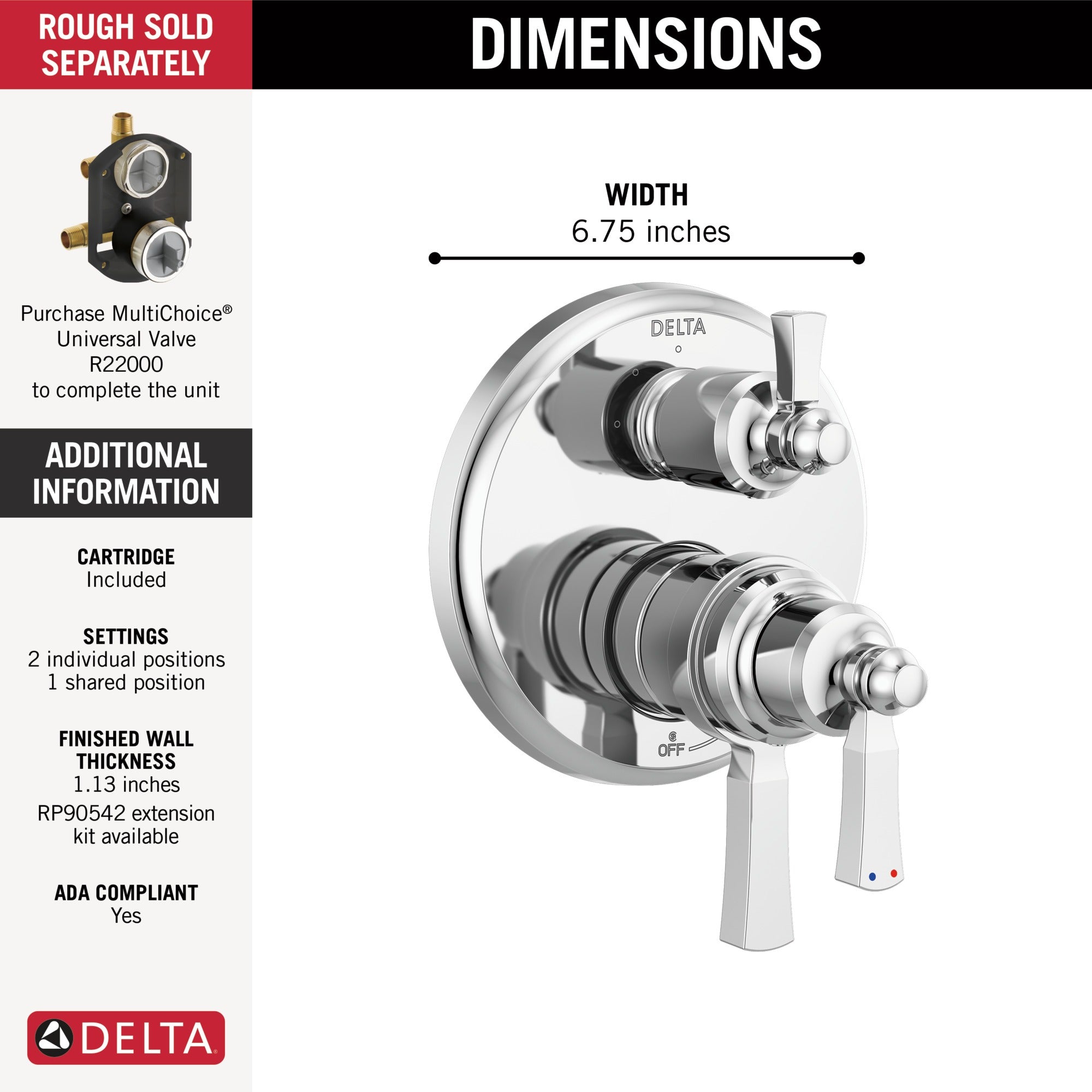 Delta Dorval™ Traditional 2-Handle Monitor 17T Series Valve Trim with 3 Setting Diverter