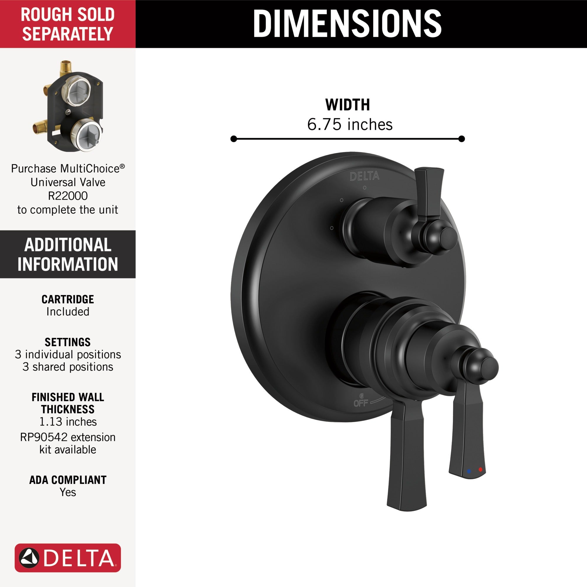 Delta Dorval™ Traditional 2-Handle Monitor 17T Series Valve Trim with 6 Setting Diverter