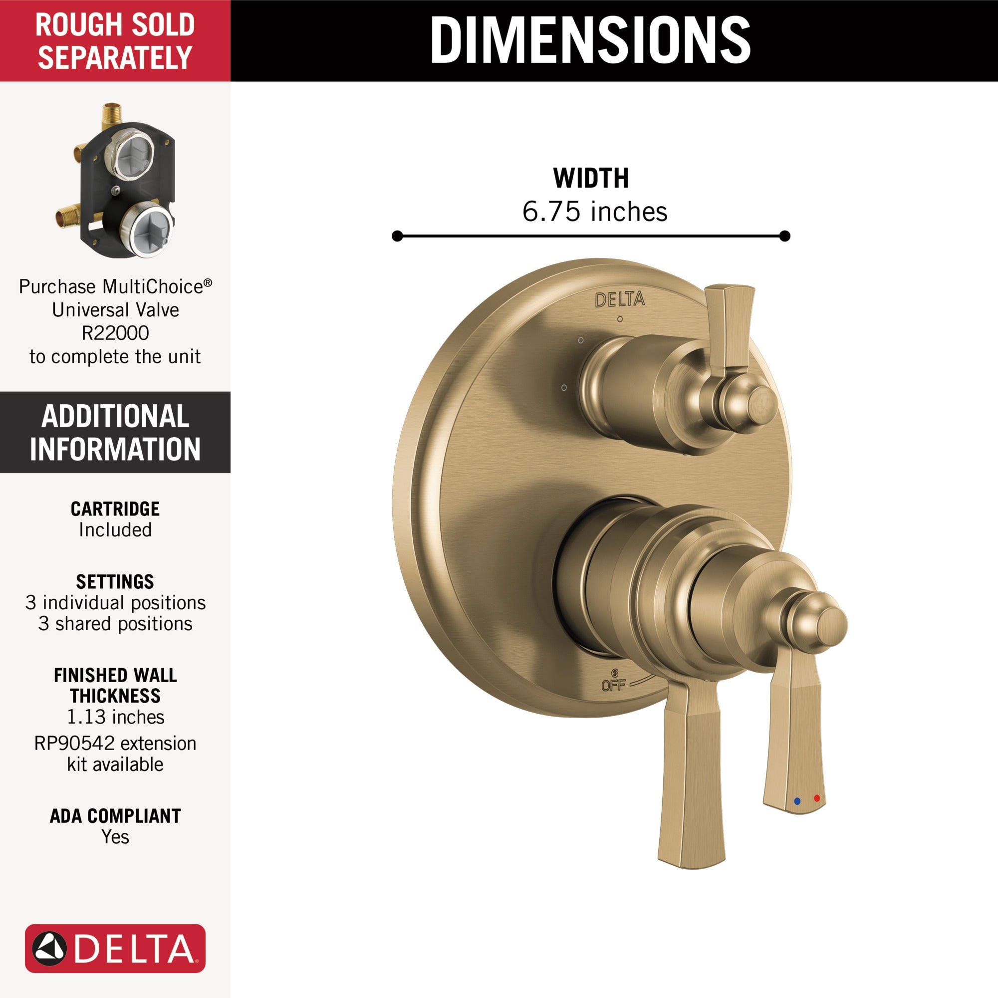 Delta Dorval™ Traditional 2-Handle Monitor 17T Series Valve Trim with 6 Setting Diverter