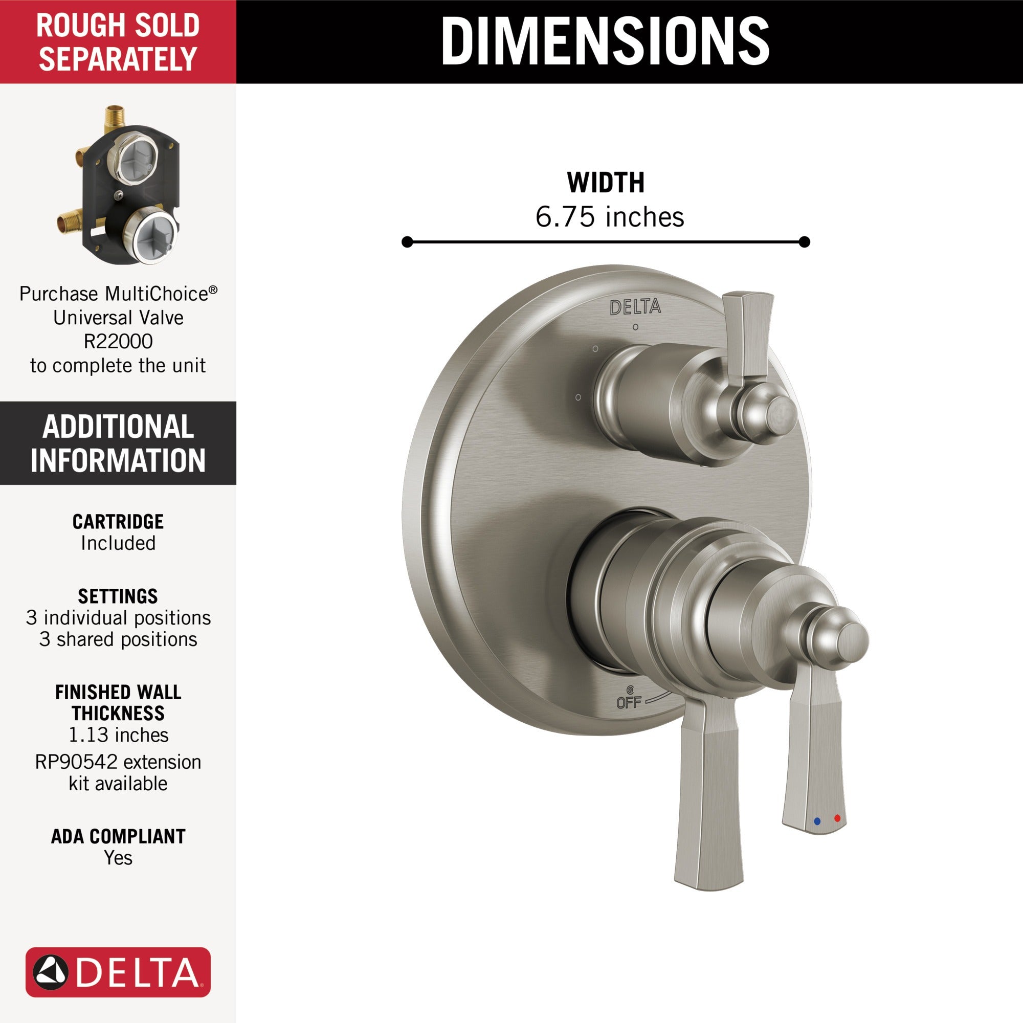 Delta Dorval™ Traditional 2-Handle Monitor 17T Series Valve Trim with 6 Setting Diverter