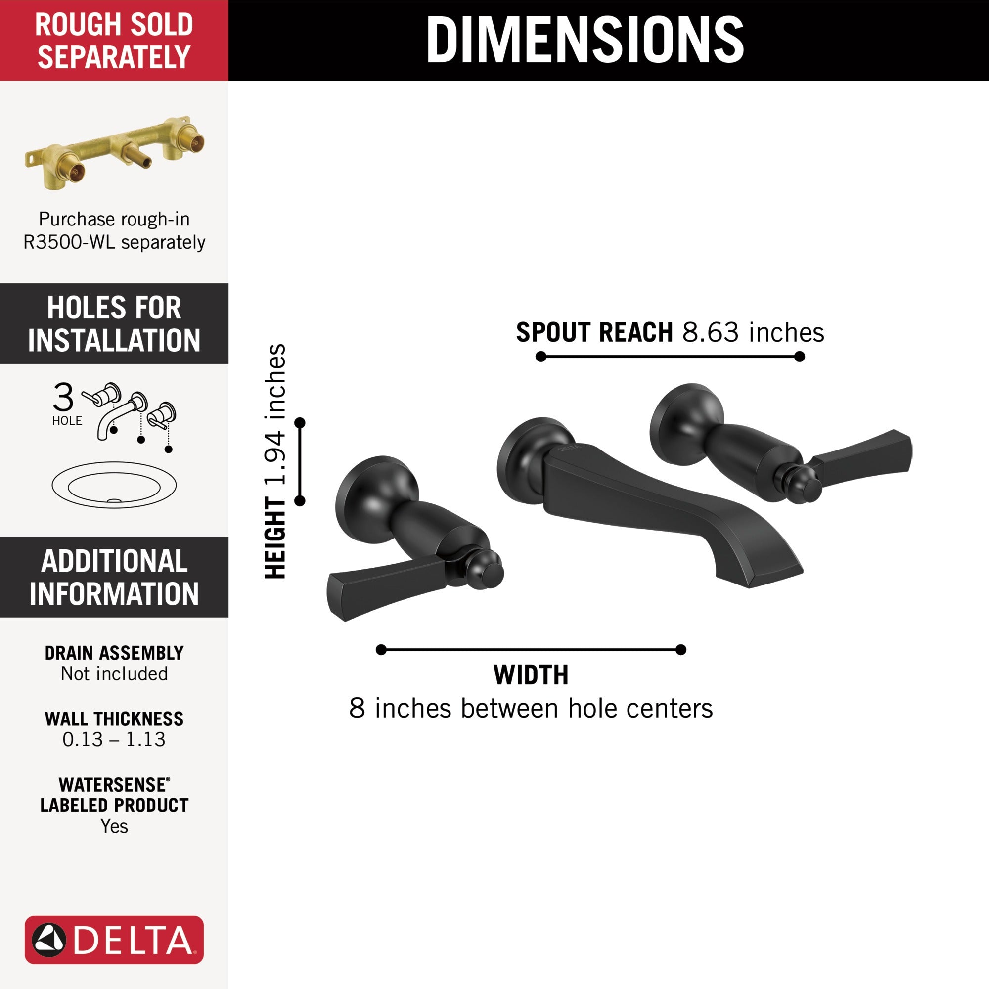 Delta Dorval™ Two Handle Wall Mount Bathroom Faucet Trim Only