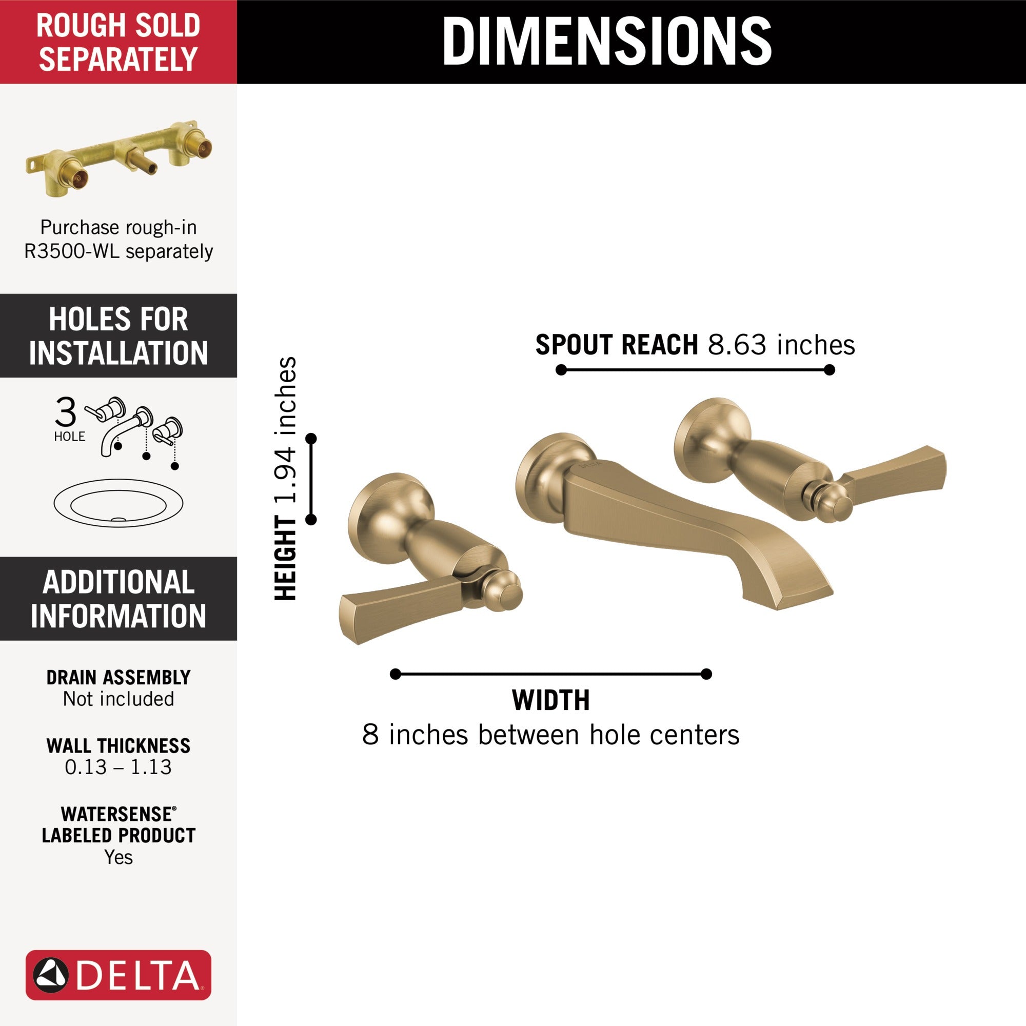Delta Dorval™ Two Handle Wall Mount Bathroom Faucet Trim Only