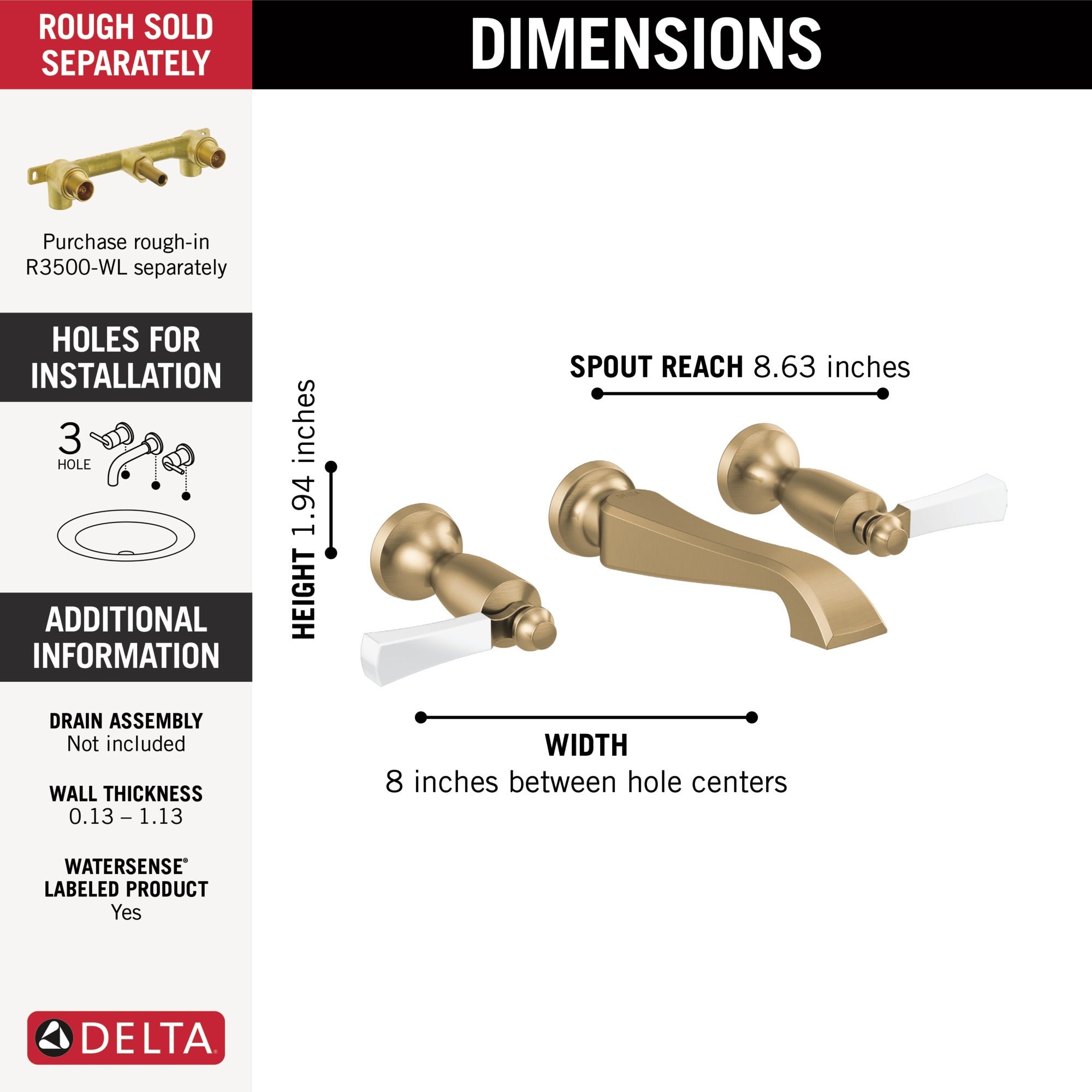 Delta Dorval™ Two Handle Wall Mount Bathroom Faucet Trim Only