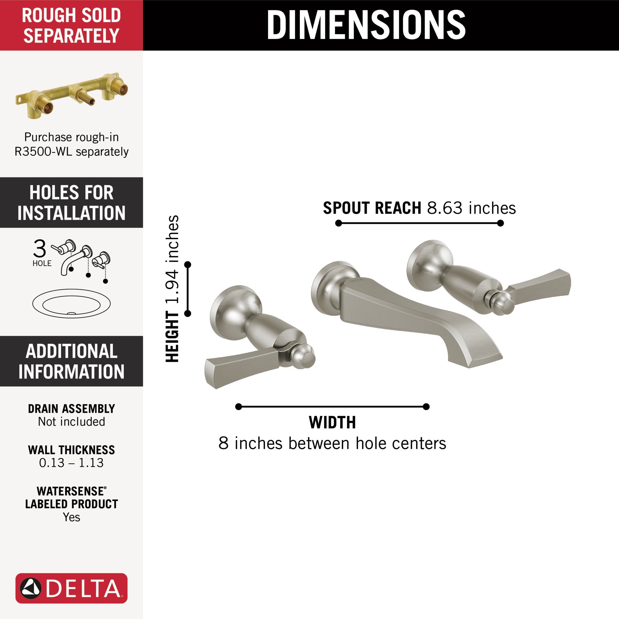 Delta Dorval™ Two Handle Wall Mount Bathroom Faucet Trim Only