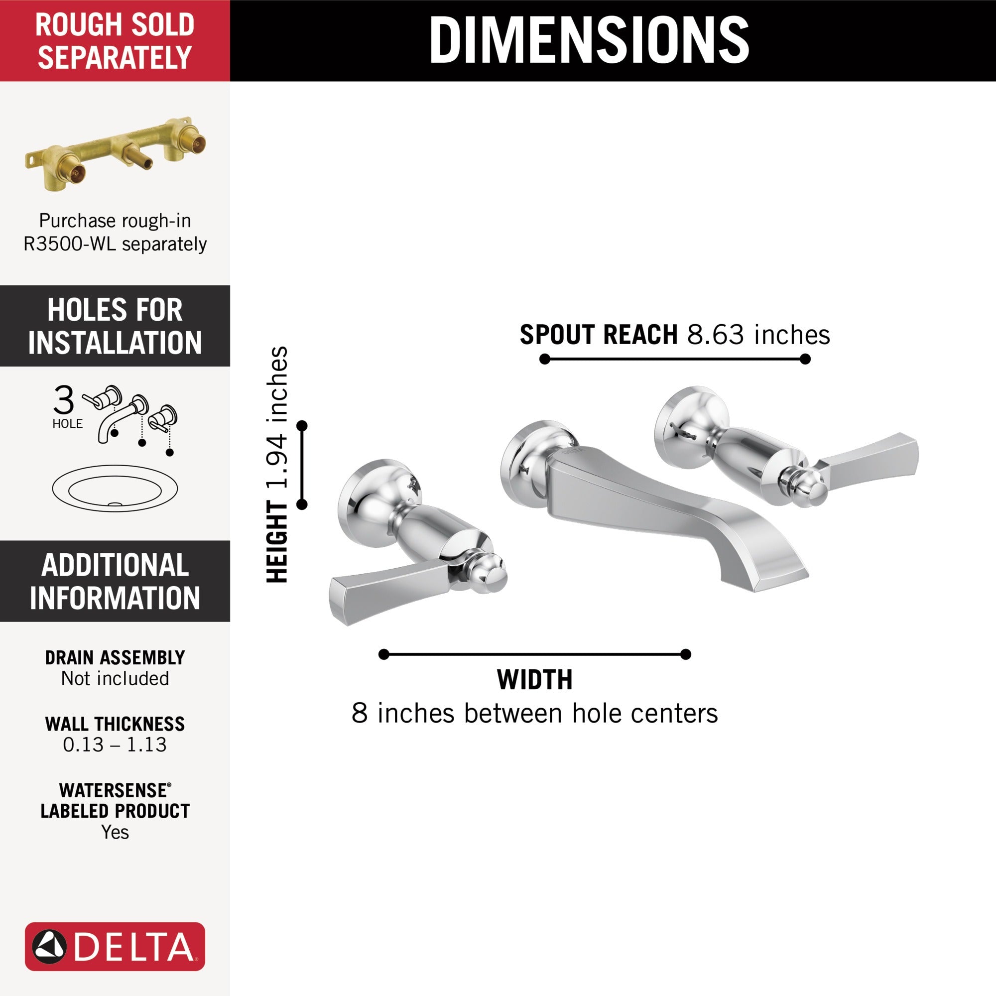 Delta Dorval™ Two Handle Wall Mount Bathroom Faucet Trim Only