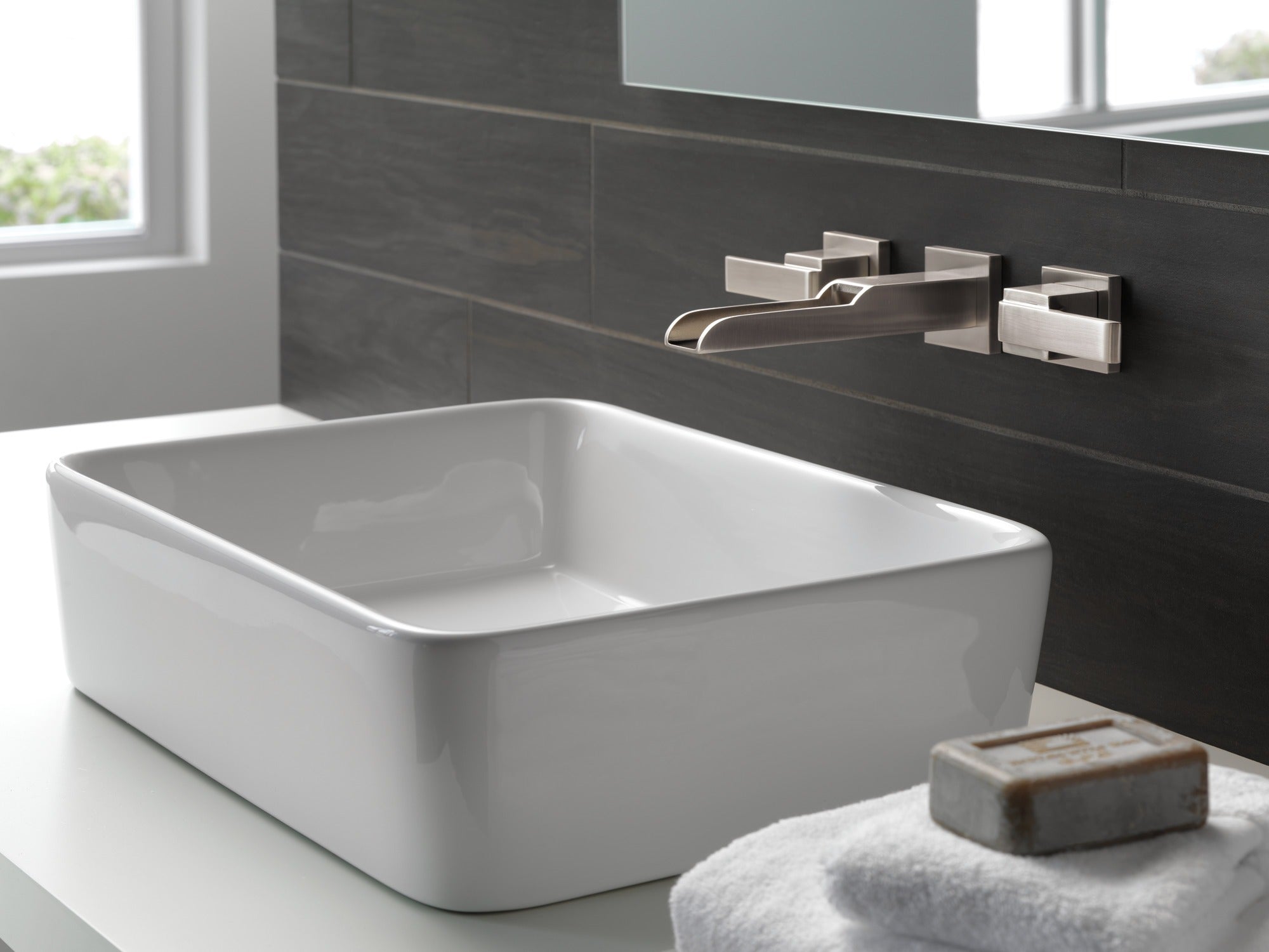 Delta Ara® Two Handle Wall Mount Channel Bathroom Faucet Trim