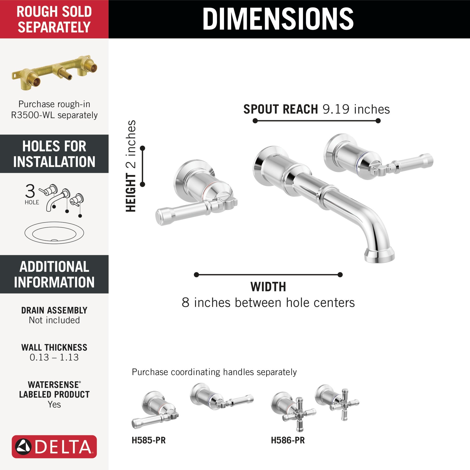 Delta Broderick® Two Handle Wall Mount Bathroom Faucet Trim - Less Handles