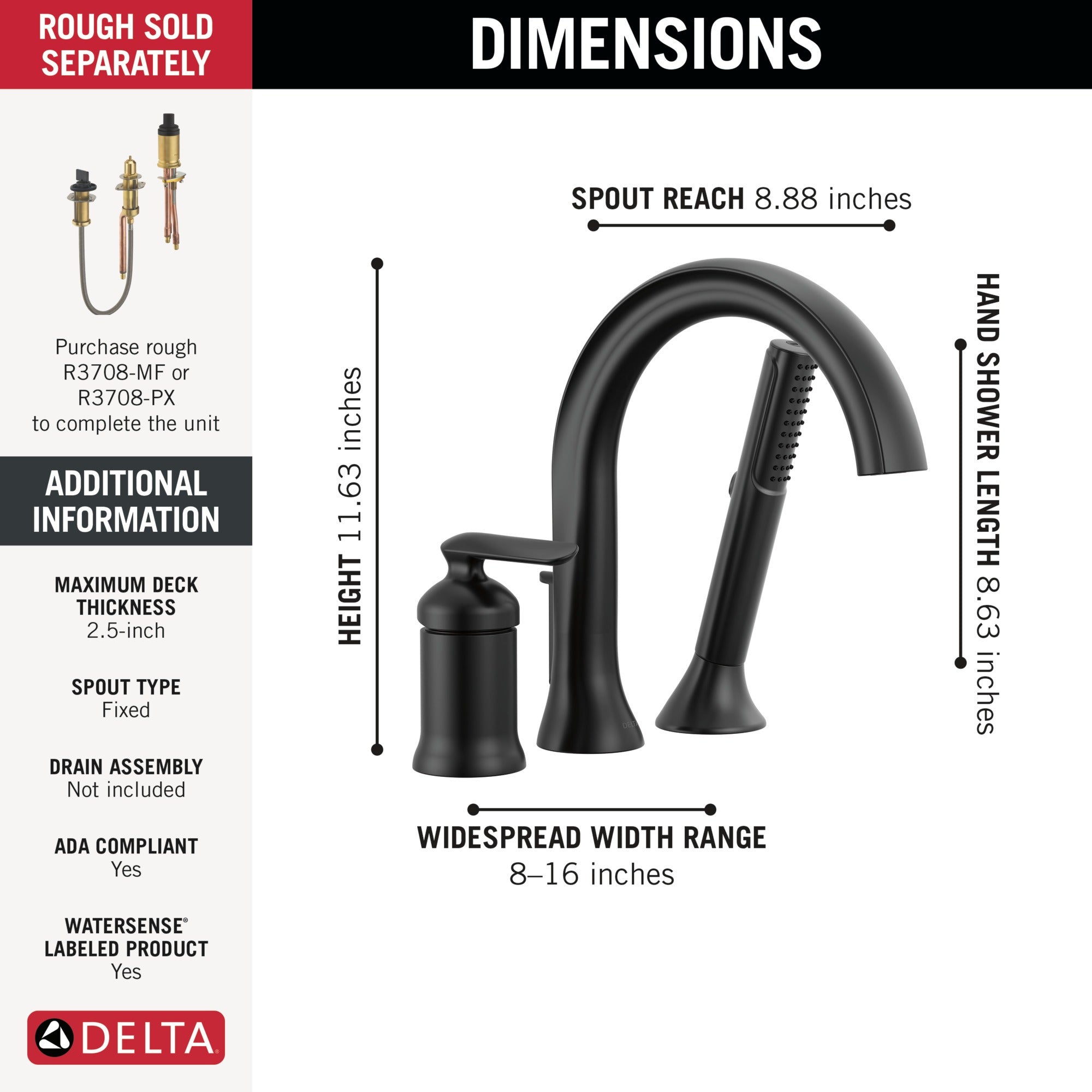 Delta Bonacci™ Three Hole Roman Tub Trim with Hand Shower