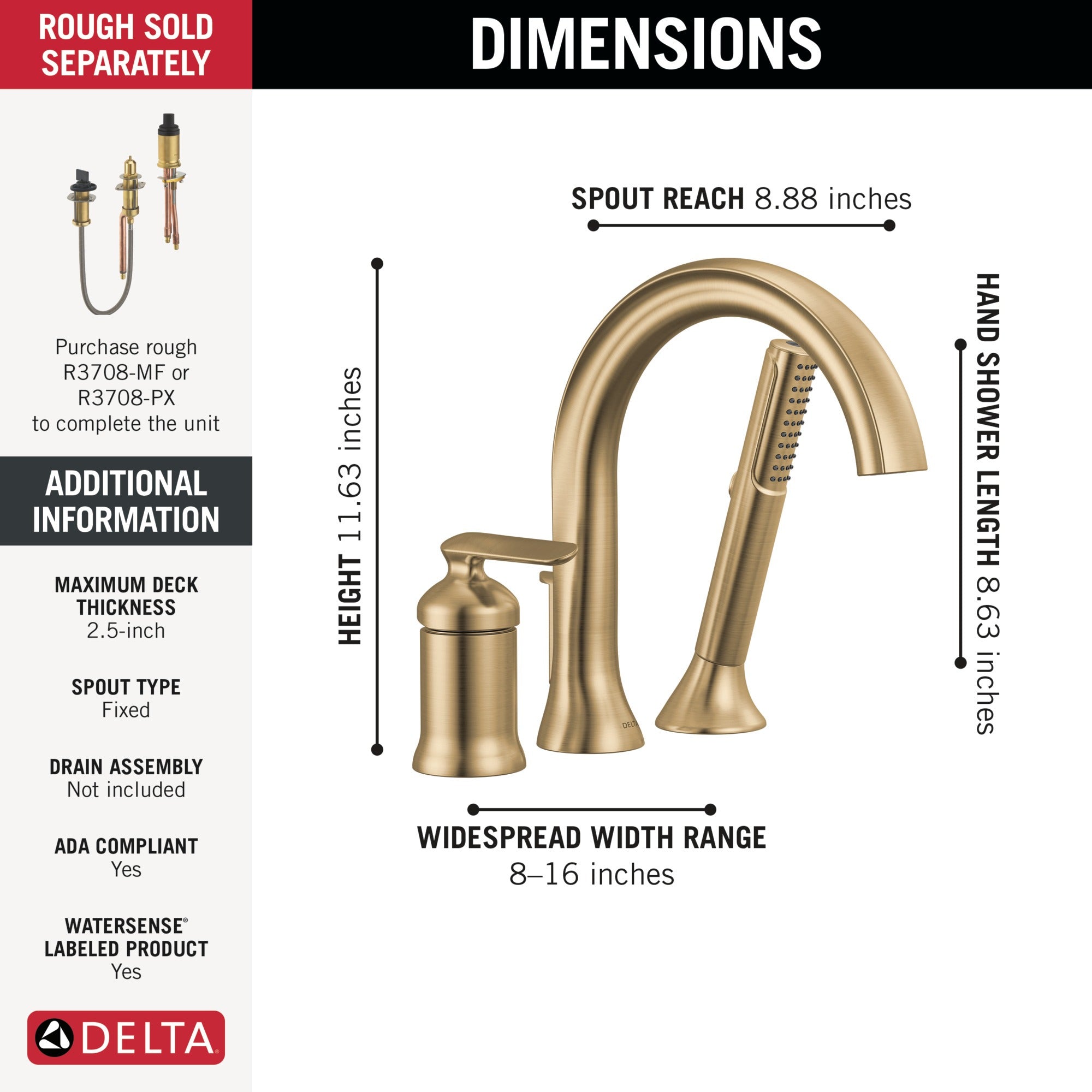 Delta Bonacci™ Three Hole Roman Tub Trim with Hand Shower