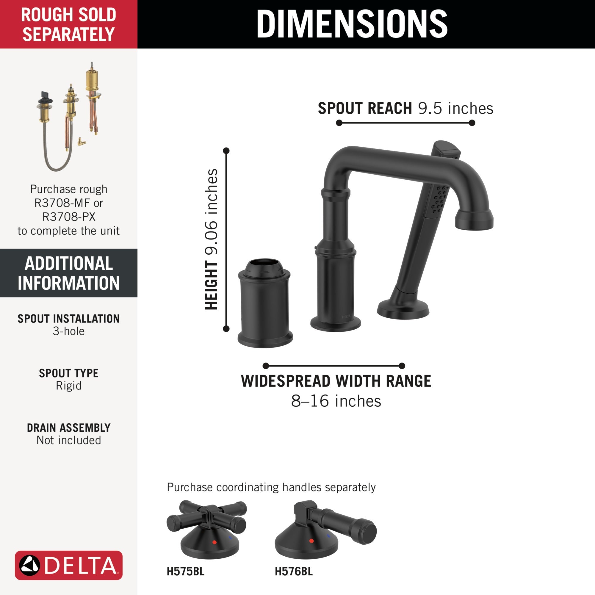 Delta Broderick® Three Hole Roman Tub Trim with Hand Shower - Less Handle