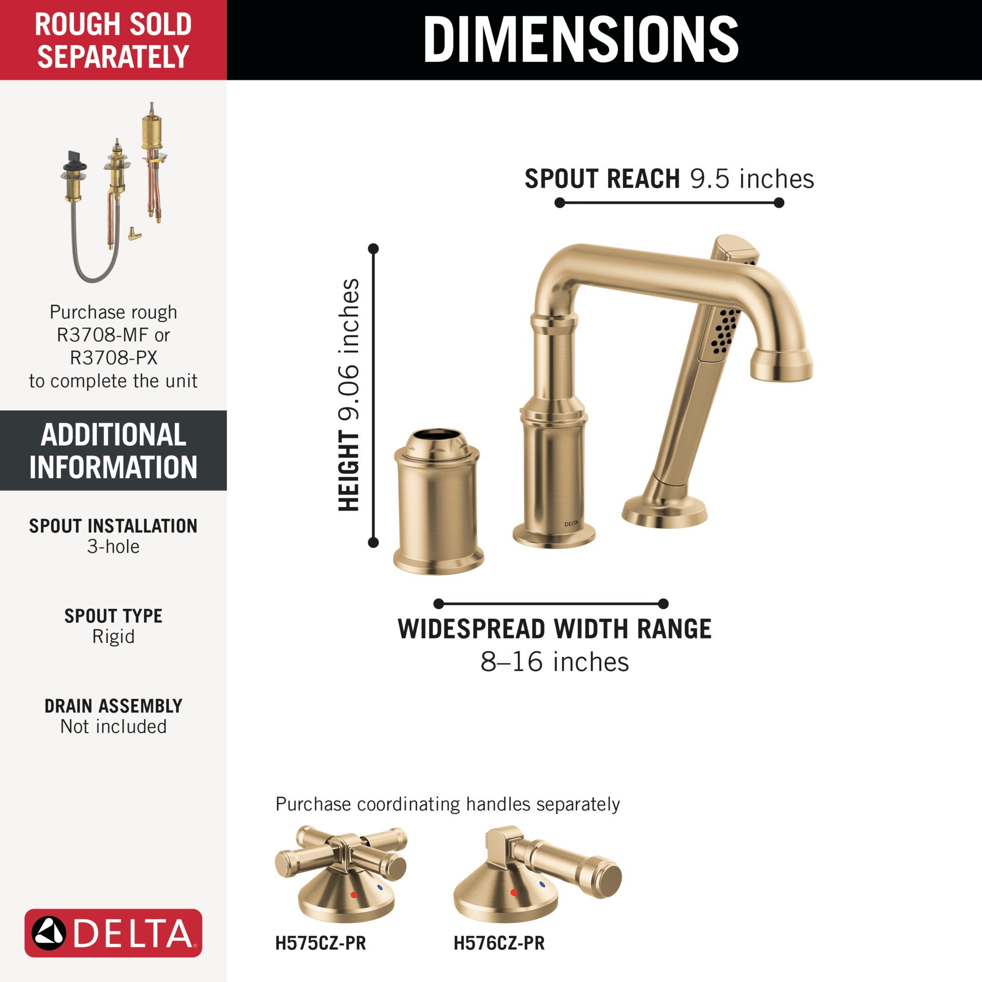 Delta Broderick® Three Hole Roman Tub Trim with Hand Shower - Less Handle