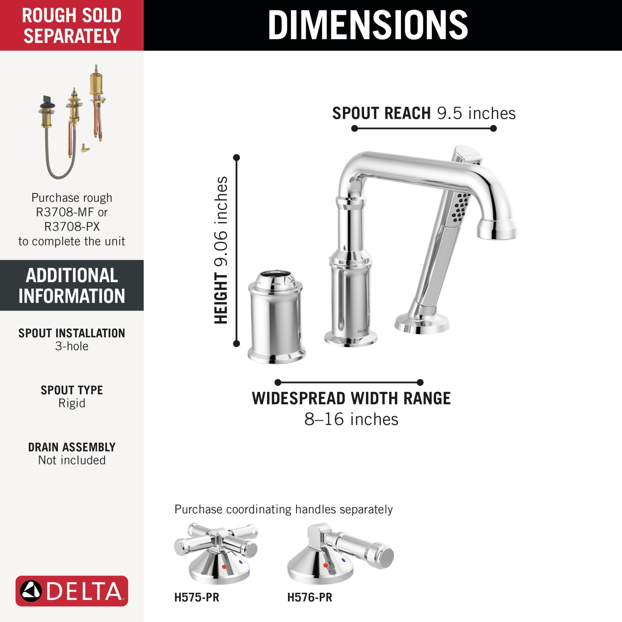 Delta Broderick® Three Hole Roman Tub Trim with Hand Shower - Less Handle