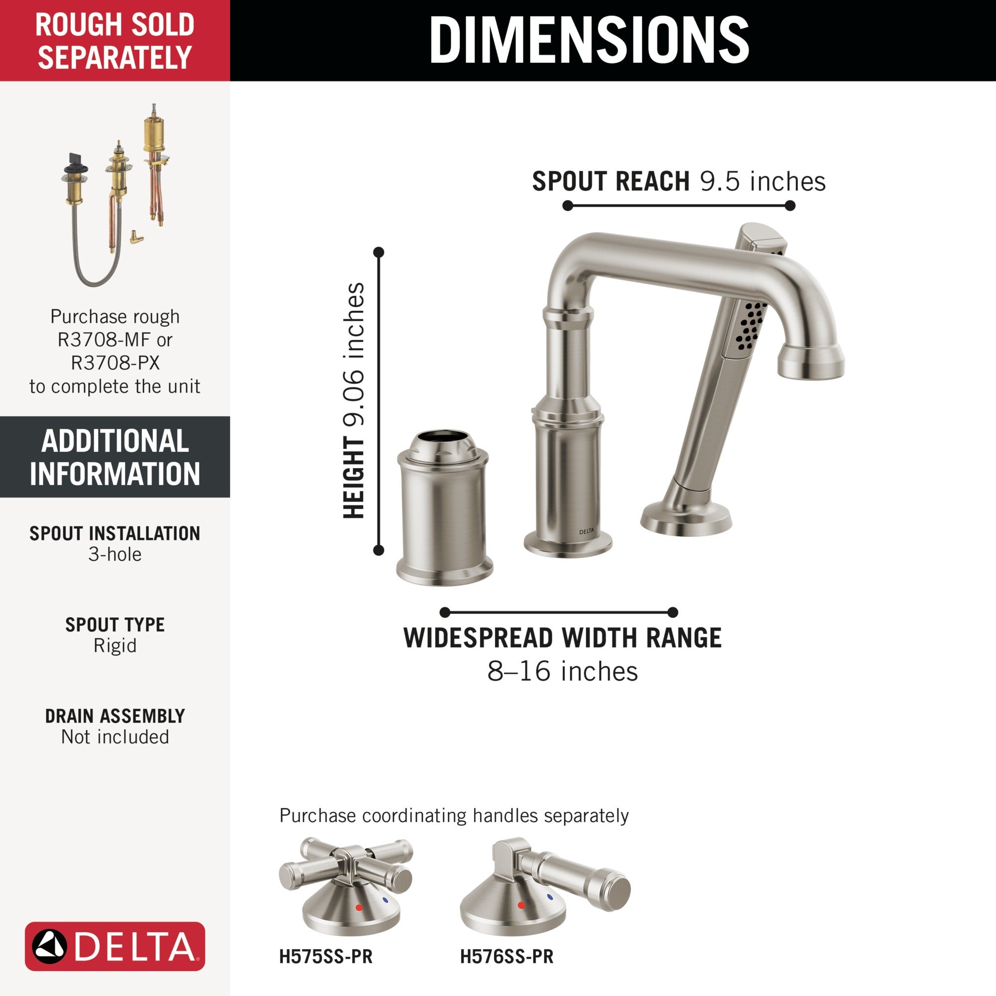 Delta Broderick® Three Hole Roman Tub Trim with Hand Shower - Less Handle