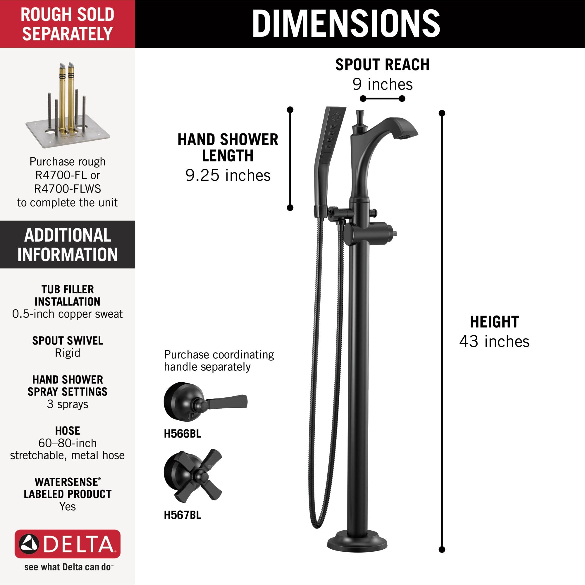 Delta Dorval™ Single Handle Floor Mount Tub Filler Trim - Less Handle
