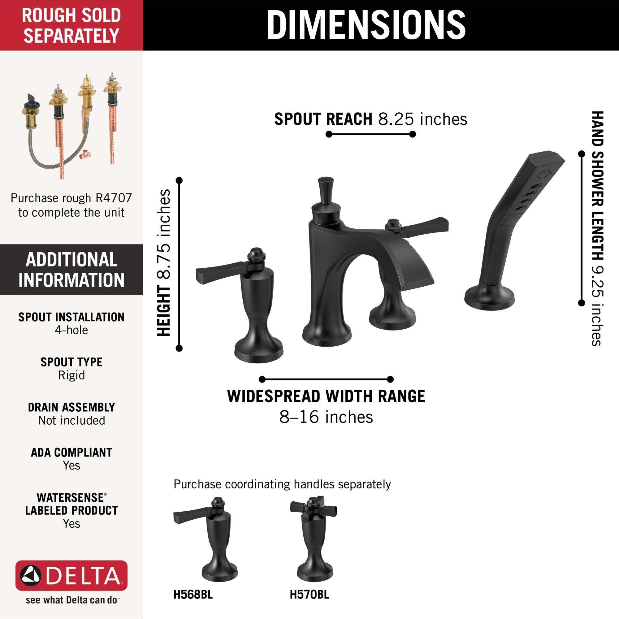 Delta Dorval™ Roman Tub with Hand Shower Trim - Less Handles
