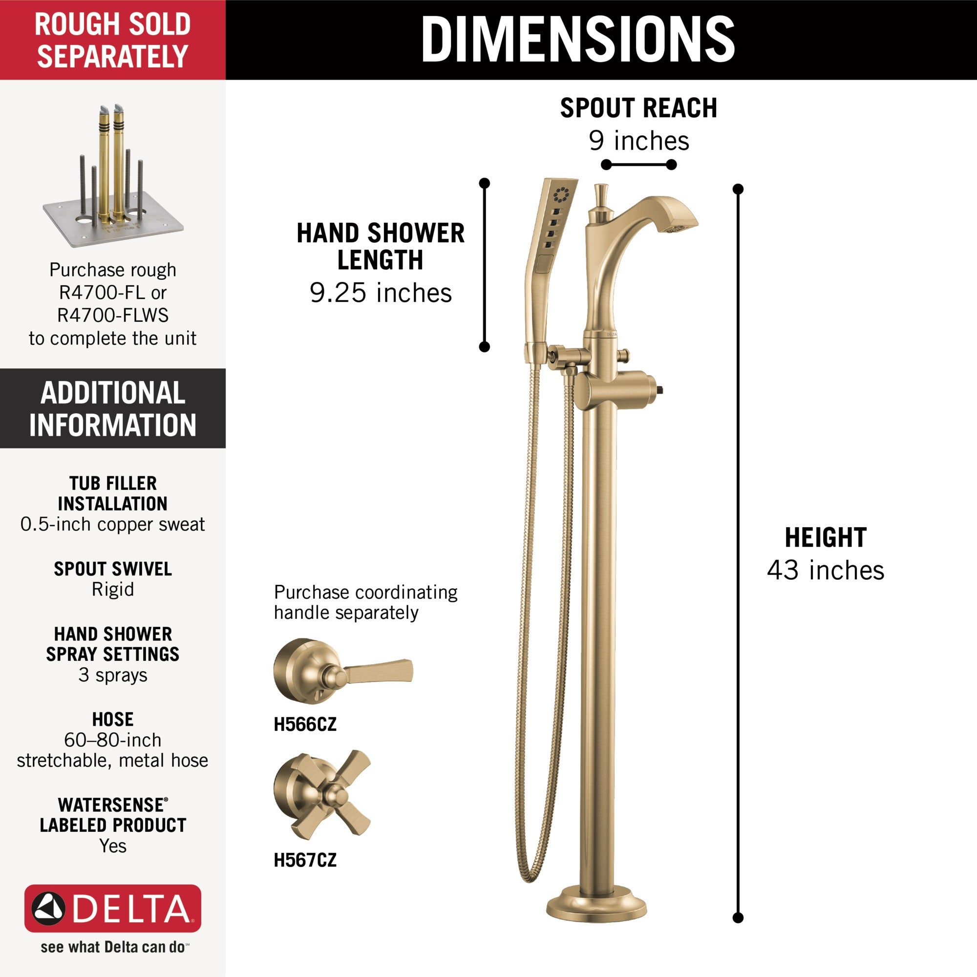 Delta Dorval™ Single Handle Floor Mount Tub Filler Trim - Less Handle