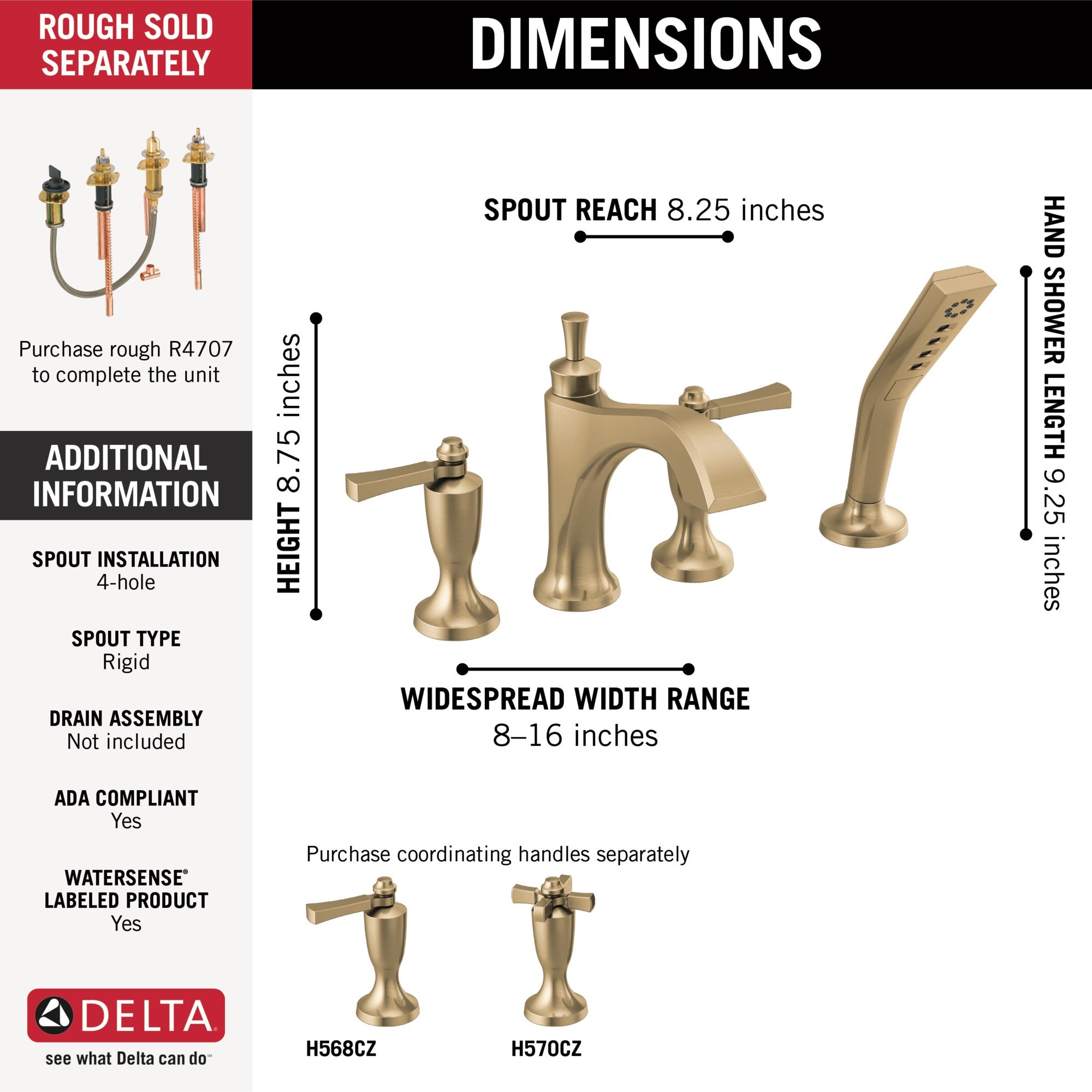 Delta Dorval™ Roman Tub with Hand Shower Trim - Less Handles