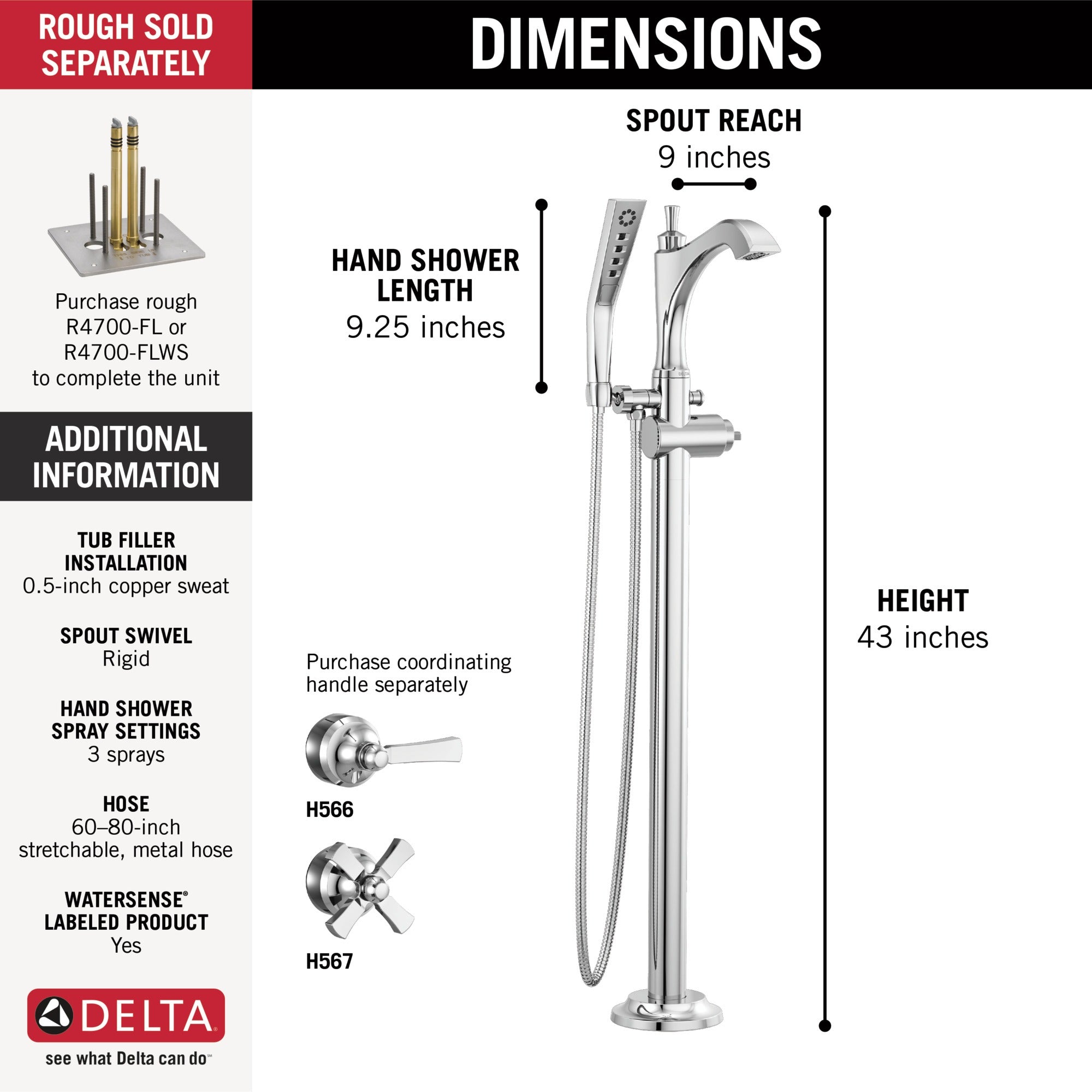 Delta Dorval™ Single Handle Floor Mount Tub Filler Trim - Less Handle