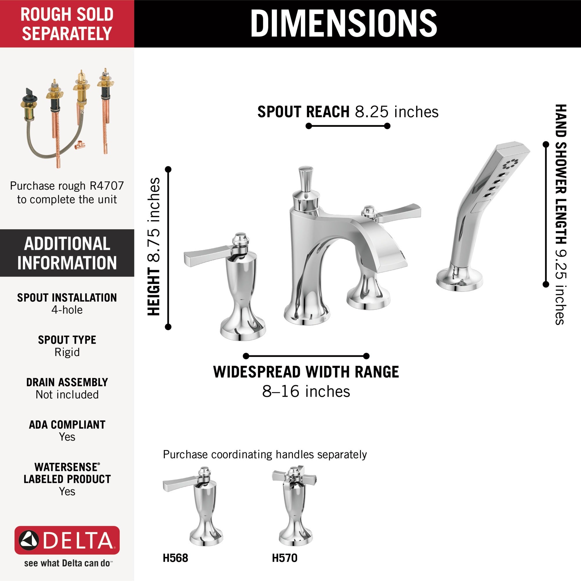 Delta Dorval™ Roman Tub with Hand Shower Trim - Less Handles