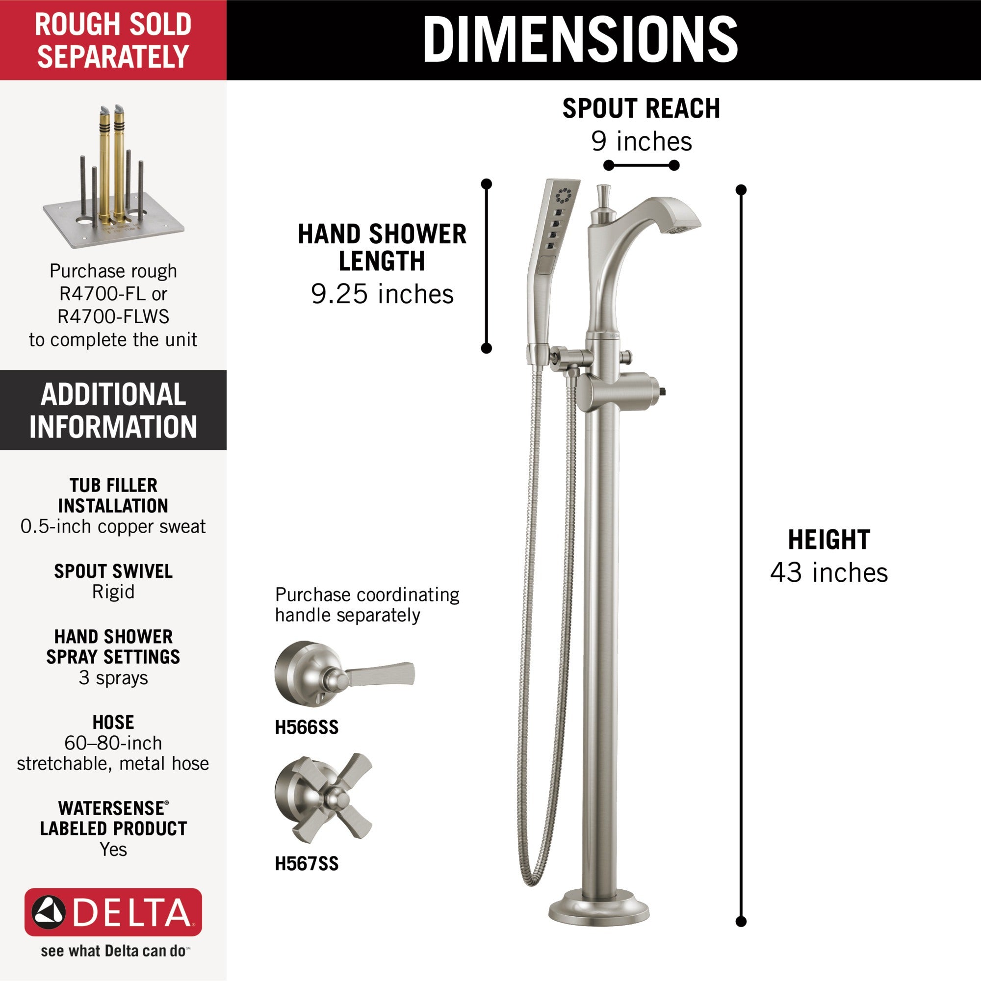 Delta Dorval™ Single Handle Floor Mount Tub Filler Trim - Less Handle