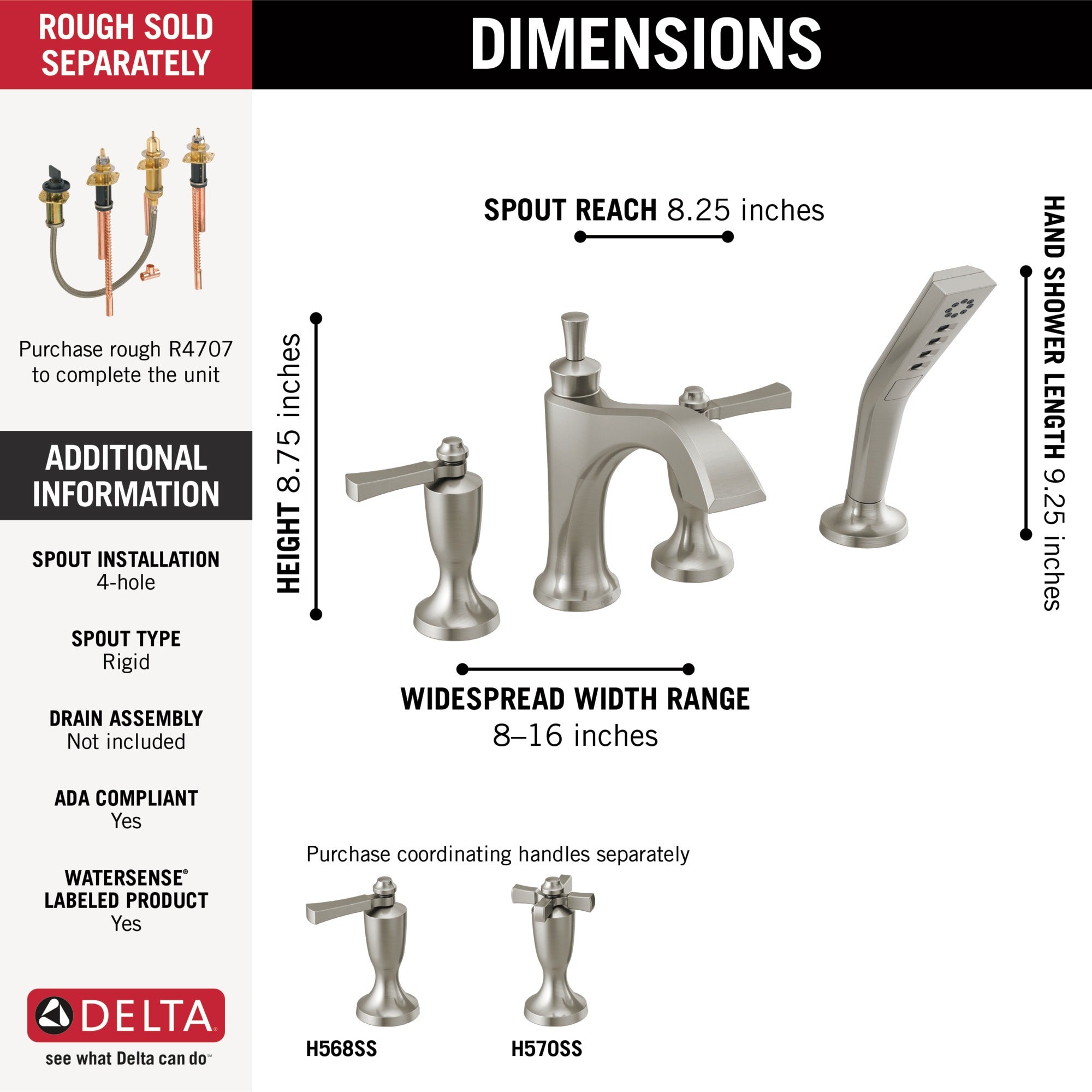 Delta Dorval™ Roman Tub with Hand Shower Trim - Less Handles