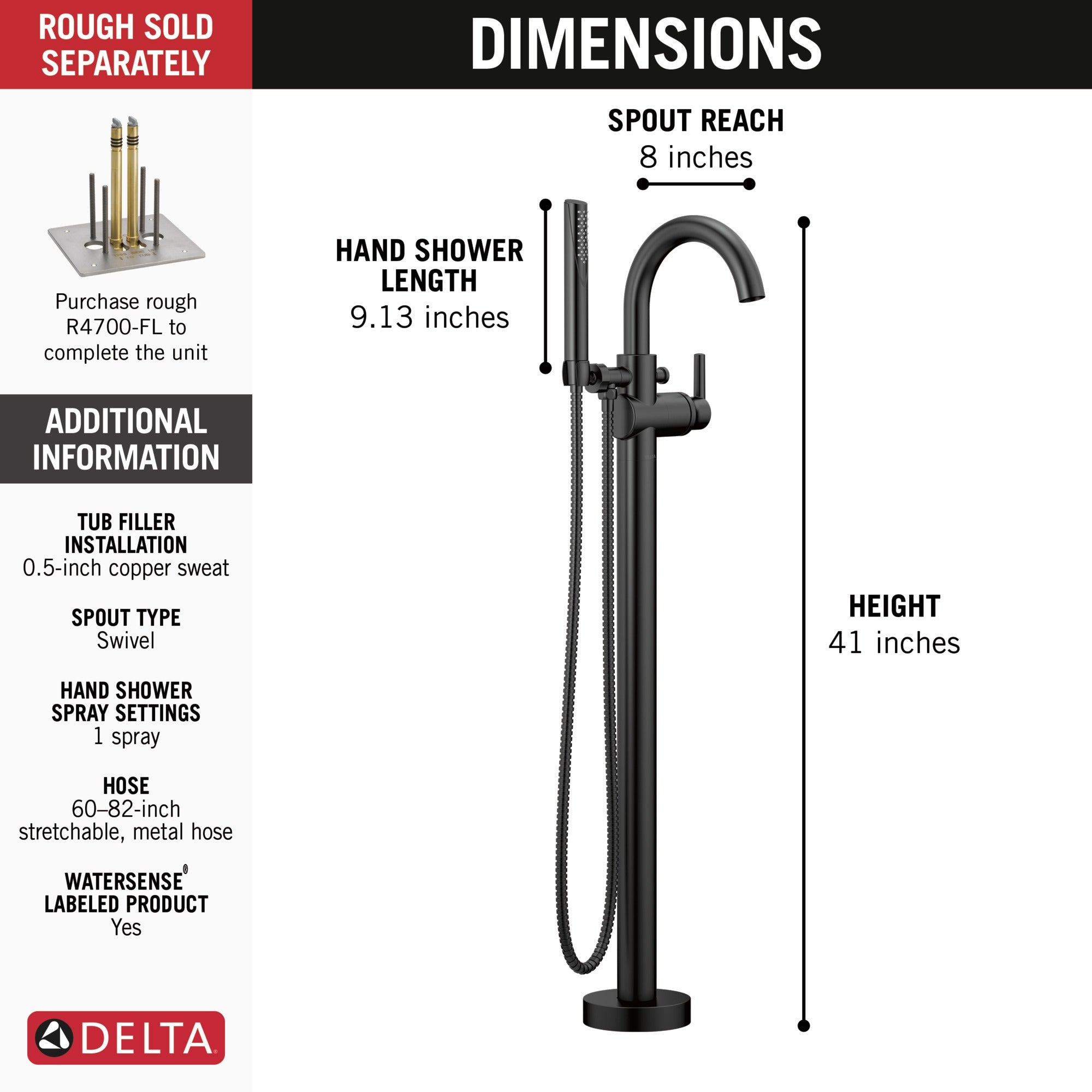 Delta Trinsic® Single Handle Floor Mount Tub Filler Trim with Hand Shower