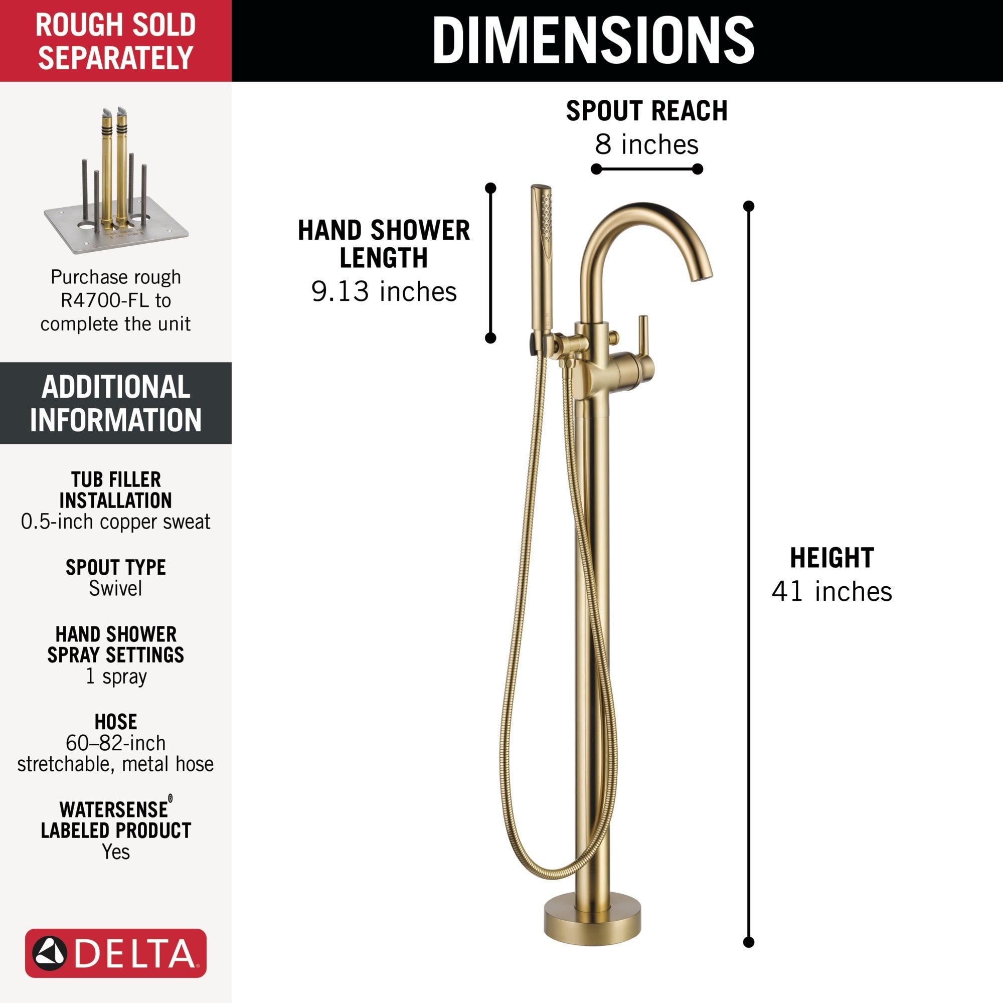 Delta Trinsic® Single Handle Floor Mount Tub Filler Trim with Hand Shower
