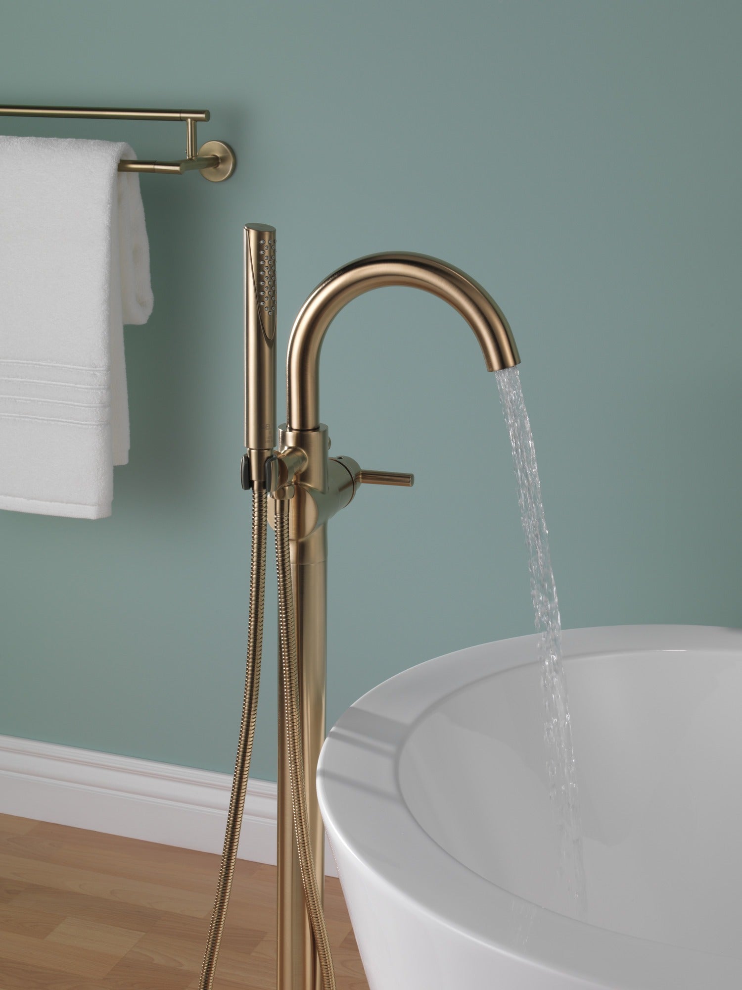 Delta Trinsic® Single Handle Floor Mount Tub Filler Trim with Hand Shower