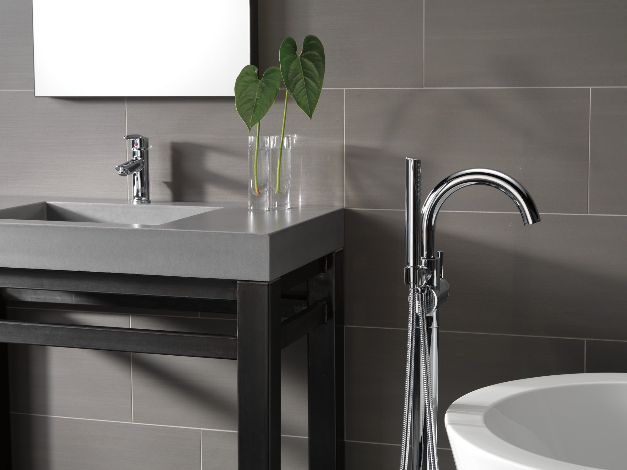 Delta Trinsic® Single Handle Floor Mount Tub Filler Trim with Hand Shower